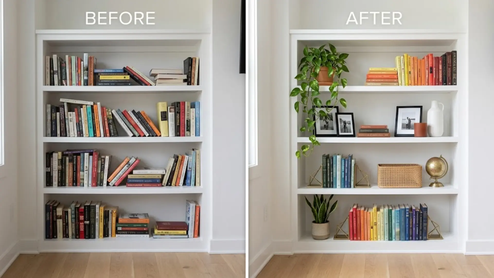 cluttered bookshelf before and fully styled bookshelf after makeover
