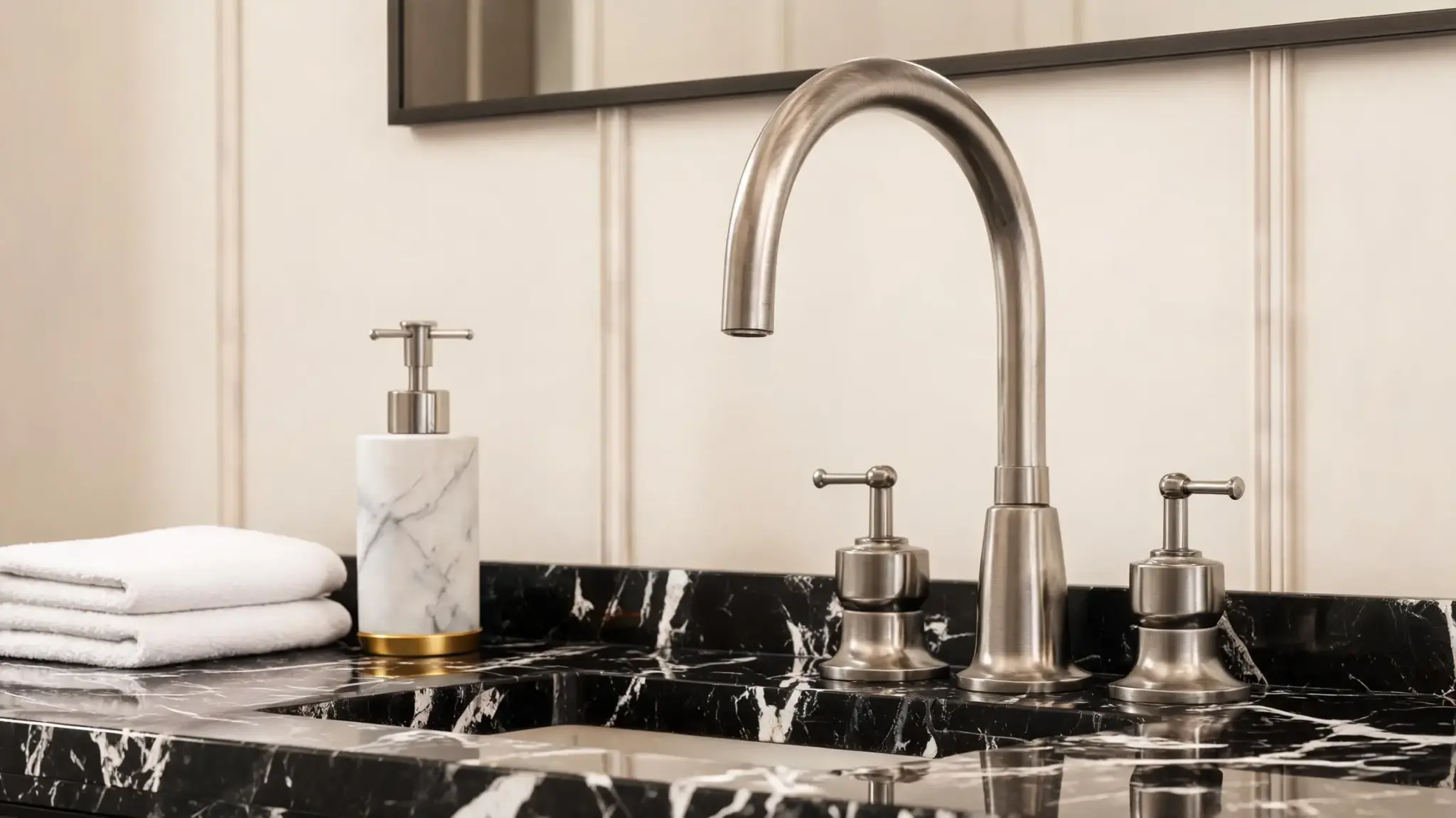 a bathroom vanity with a brushed nickel faucet, black marble countertop, and a marble soap dispenser with folded white towels