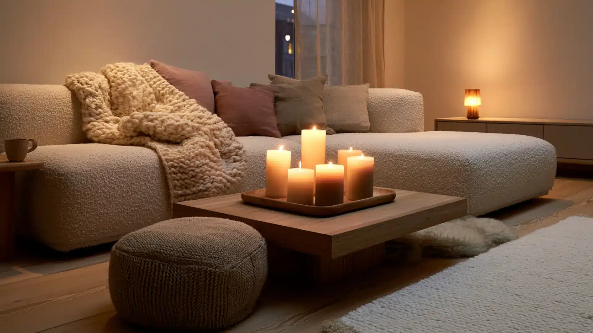 hygge living room with boucle sectional chunky knit throw candle cluster centerpiece and knitted pouf