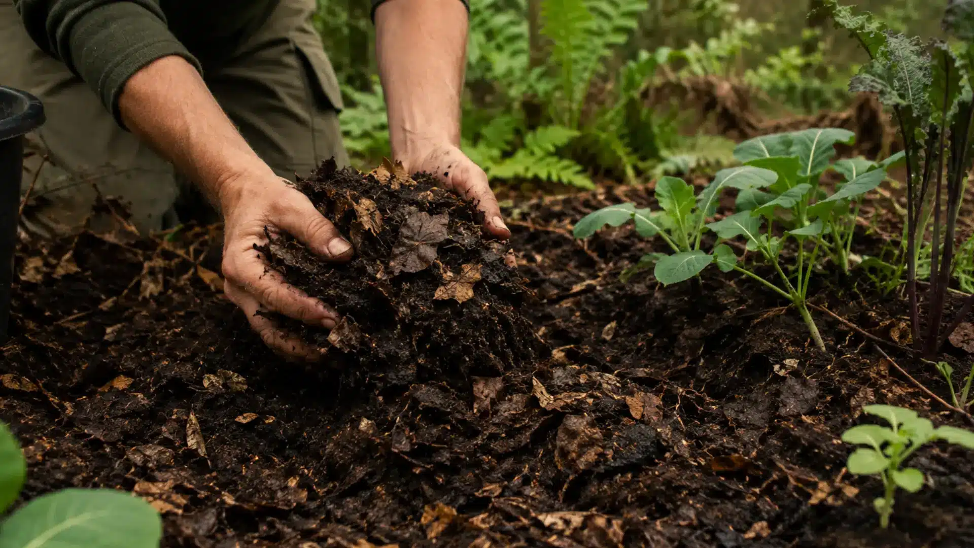 decomposed leaf mold being worked into dark garden soil near young vegetable seedlings and ferns