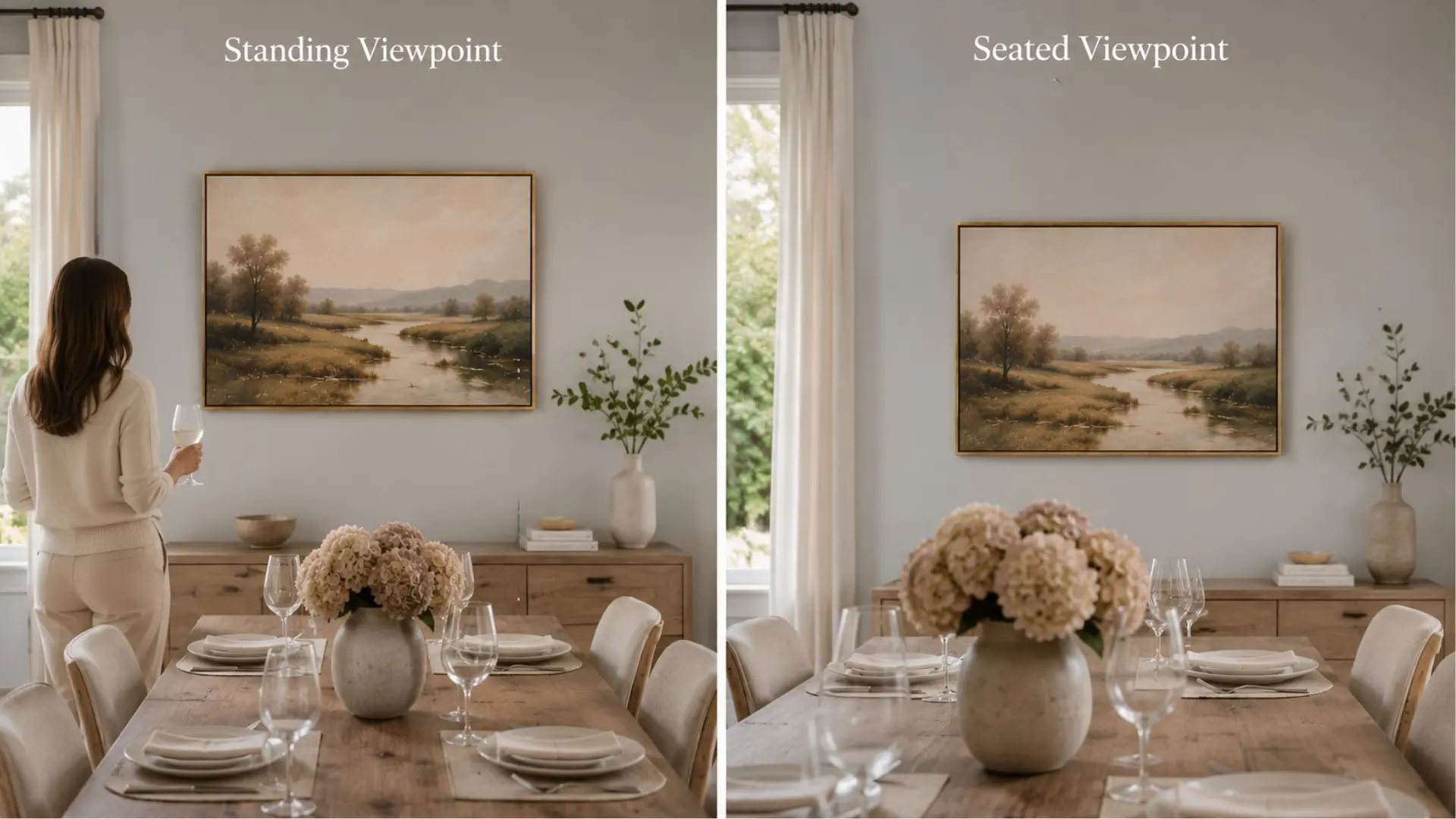 comparison of a framed landscape painting viewed from a standing point versus a seated point at a dining table