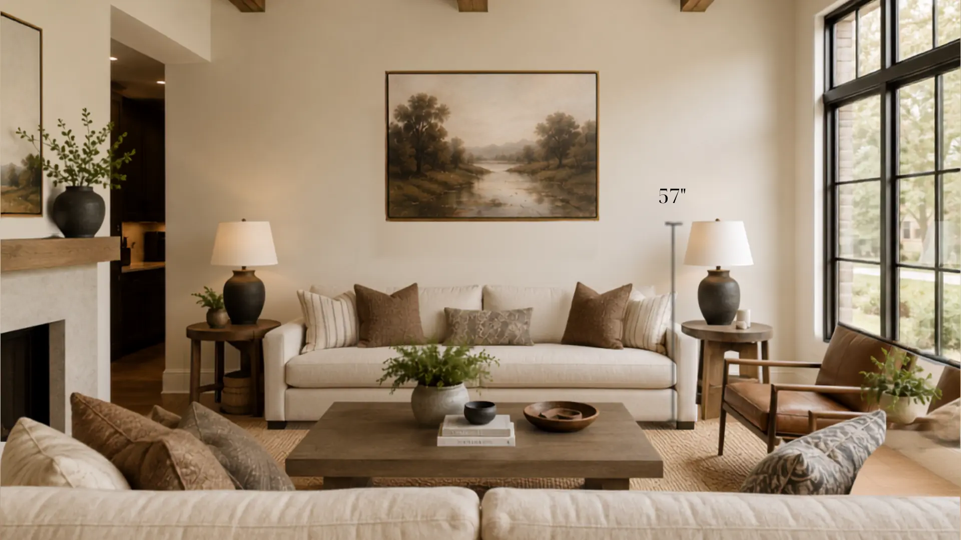 a framed landscape painting of a river scene hung above a beige sofa with a fifty seven inch height label