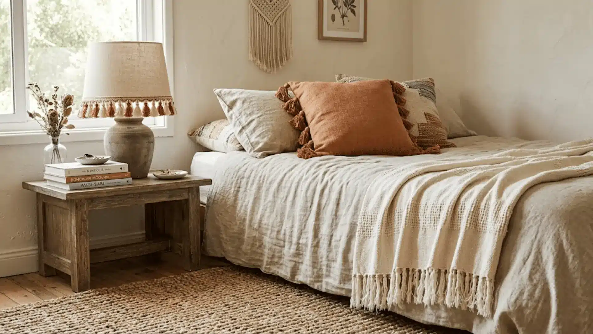 tassel-trimmed cushion and fringed throw on a linen bed in a softly lit boho bedroom
