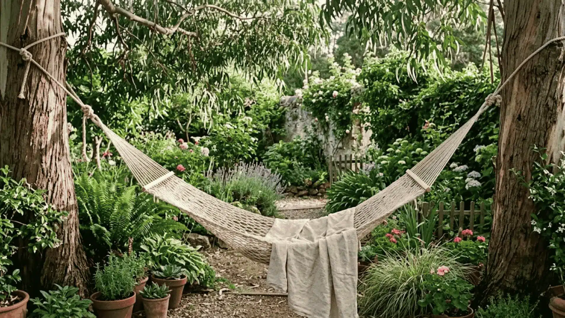 woven rope hammock between eucalyptus trees with a linen throw in a lush boho garden