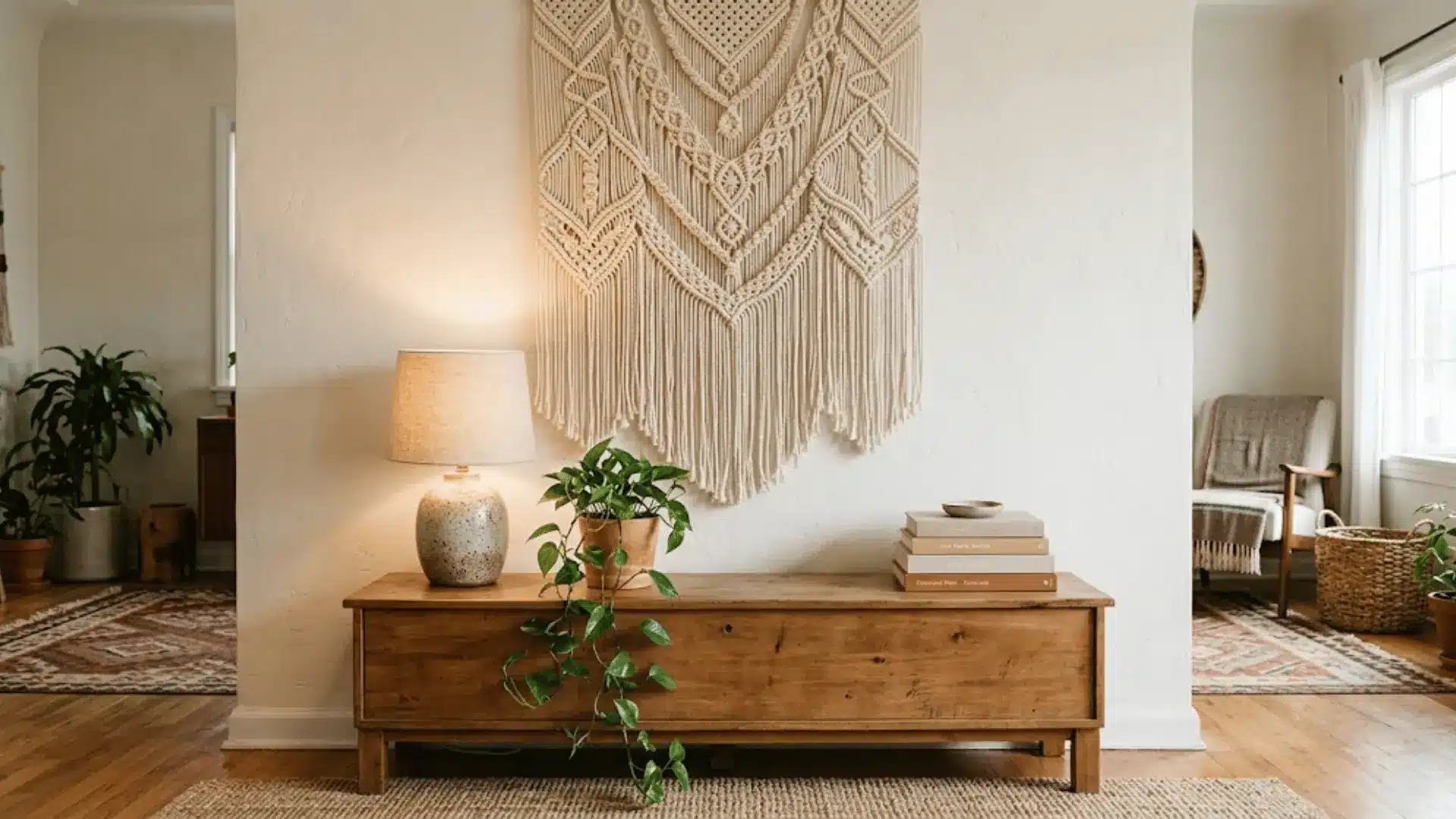 large handmade macramé wall hanging above a wooden sideboard in a warm boho living room