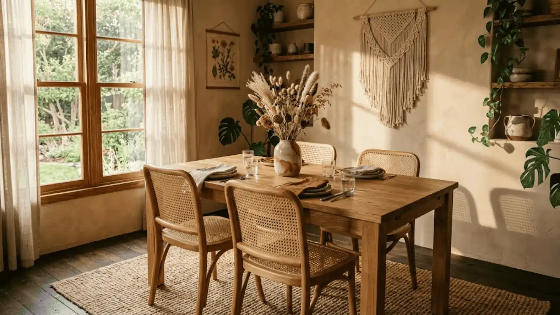 natural oak dining table with cane-back chairs on a jute rug in a warm boho dining space