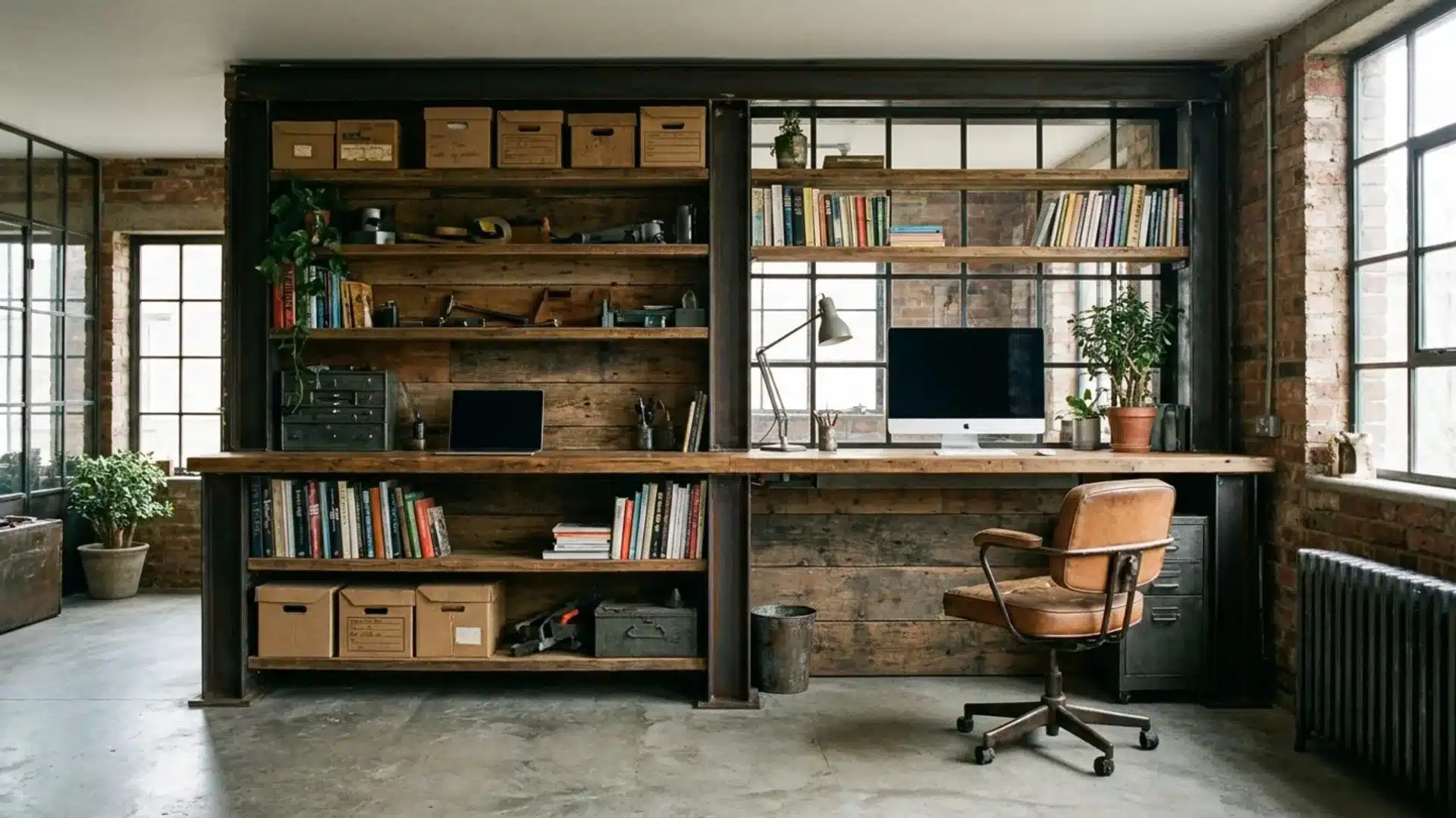 a wooden shelf displaying a computer alongside several stacked books in a cozy study environment