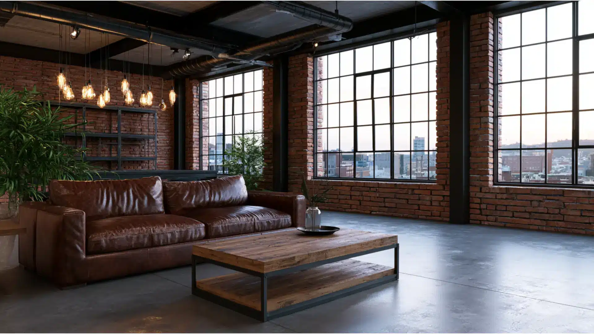 industrial loft living room with exposed brick walls, leather sofa, reclaimed wood coffee table, and Edison pendant lights