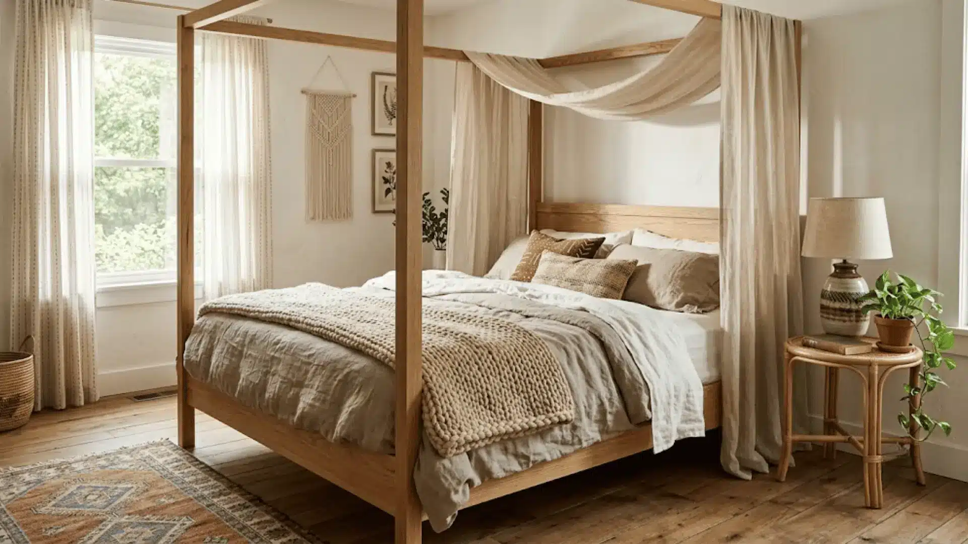 natural wood four-poster canopy bed with sheer linen drapes in a warm boho bedroom
