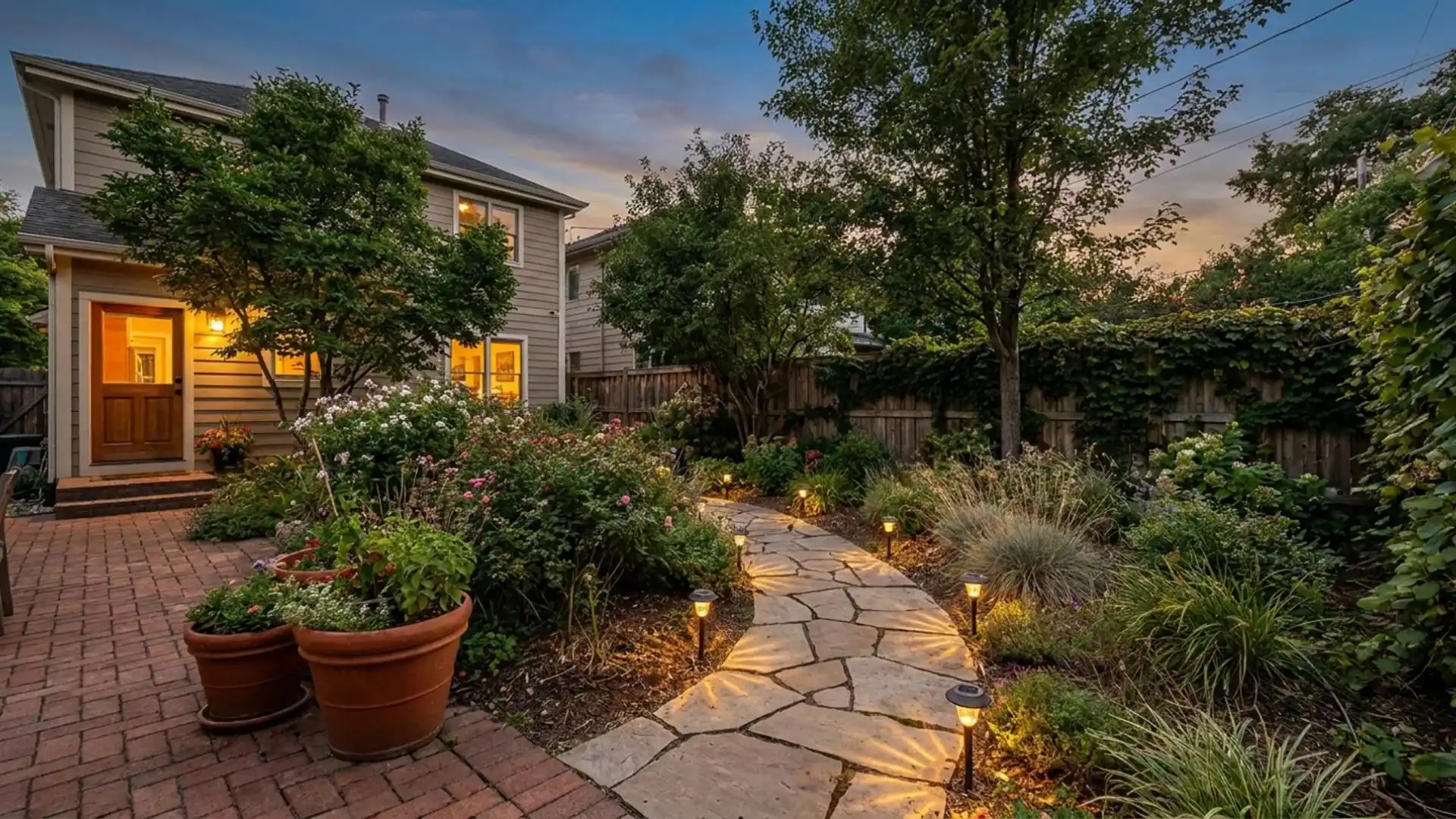 a serene garden featuring a pathway that leads to a charming house surrounded by lush greenery and flowers.