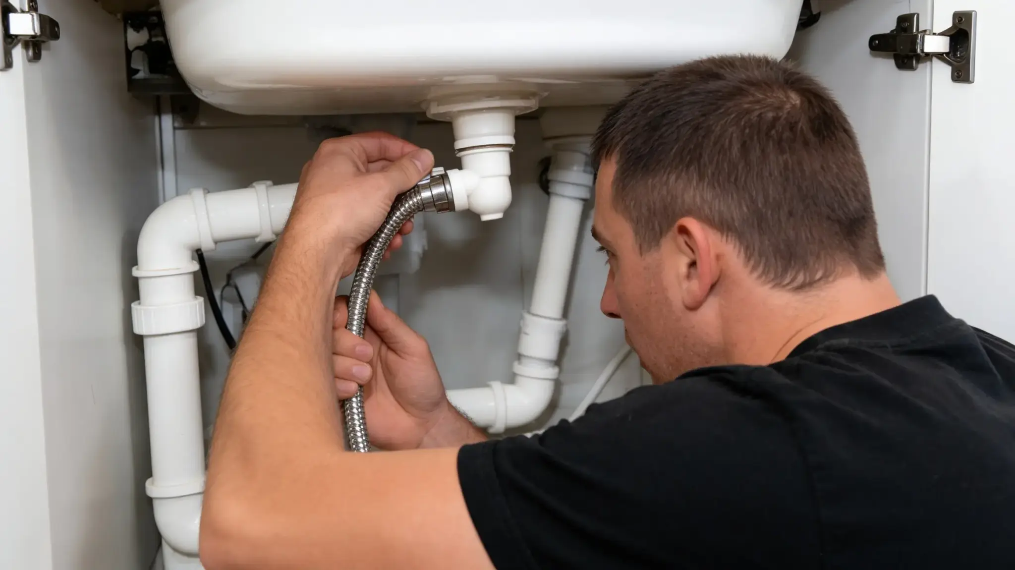 plumber working on the drain pipes beneath a white sink inside a cabinet
