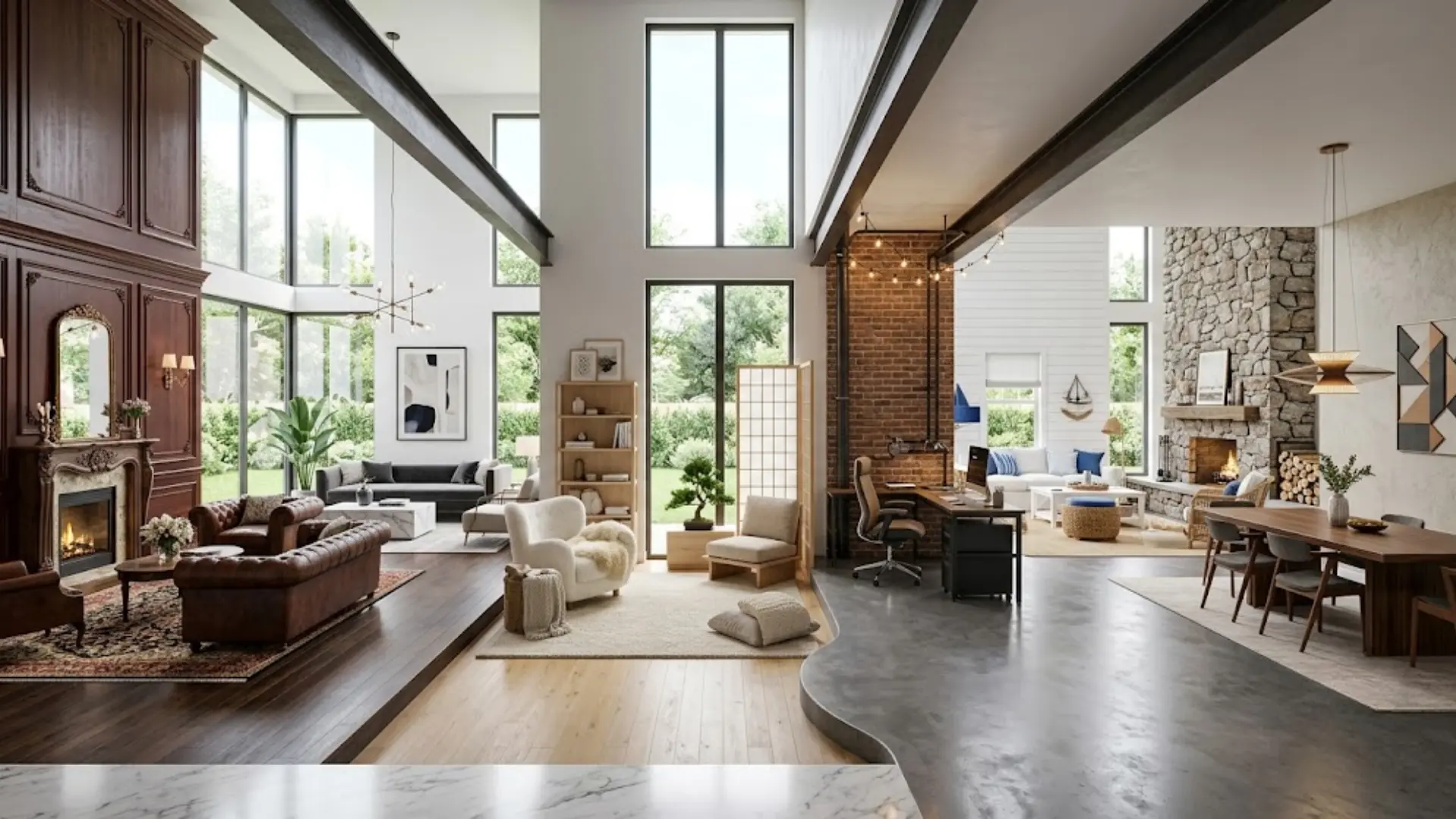 collage of five interior design styles including traditional, modern, japandi, industrial, and coastal living rooms