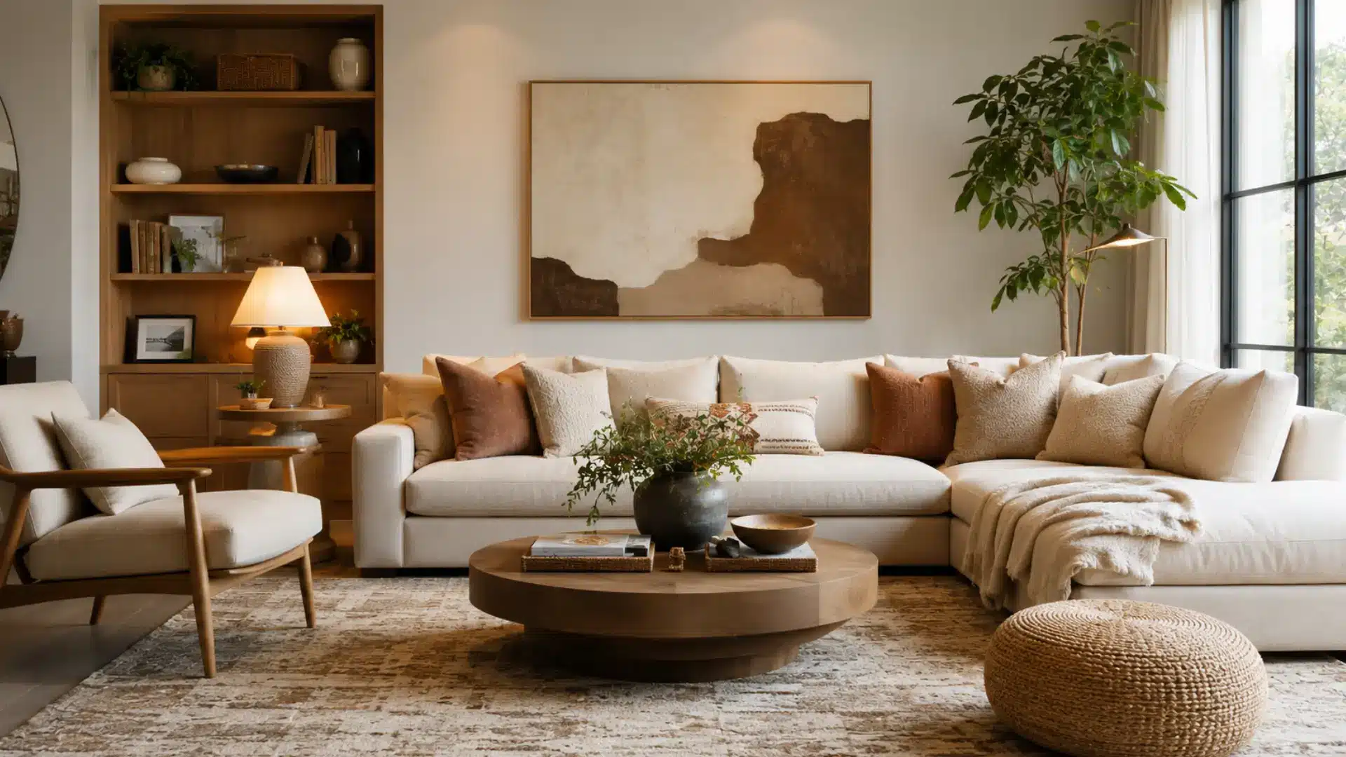 modern bright living room with neutral tones, sectional sofa, wooden accents, plants, and soft natural light