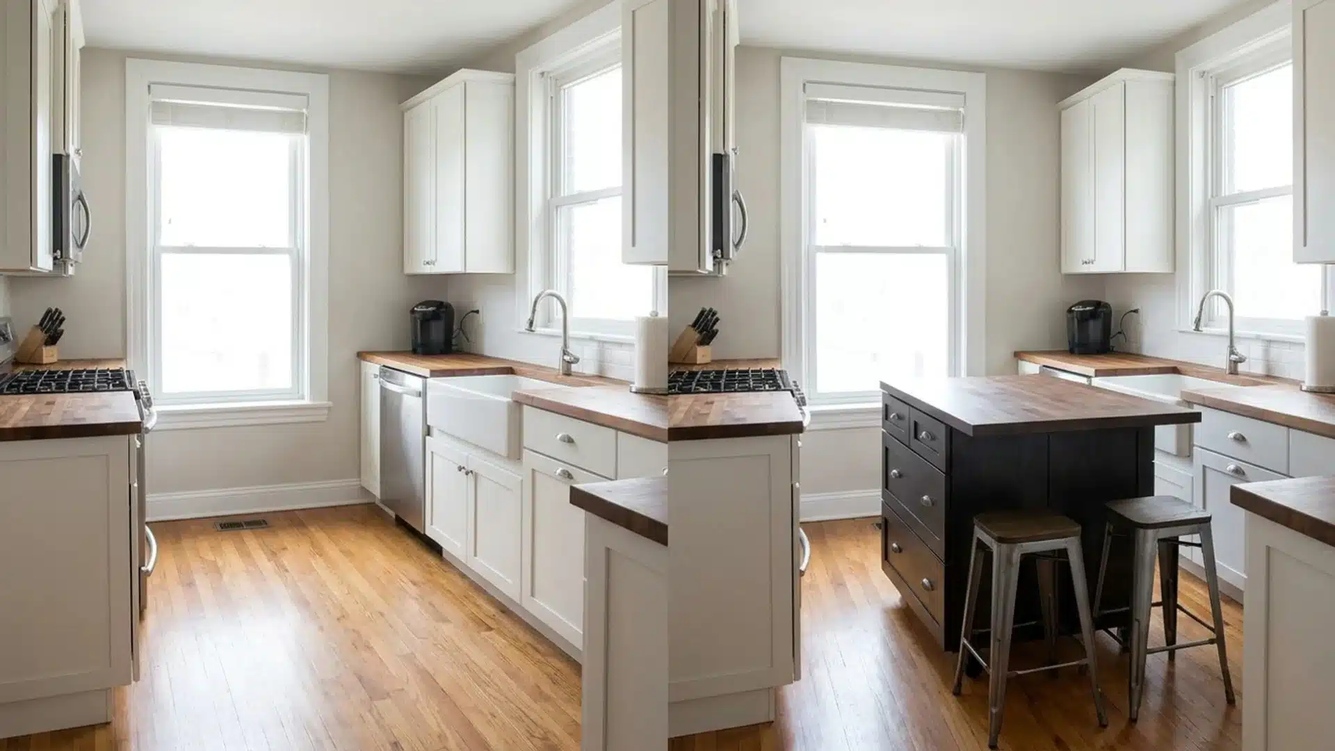 before and after narrow kitchen with a dark wood island and stools added beside the sink and stove