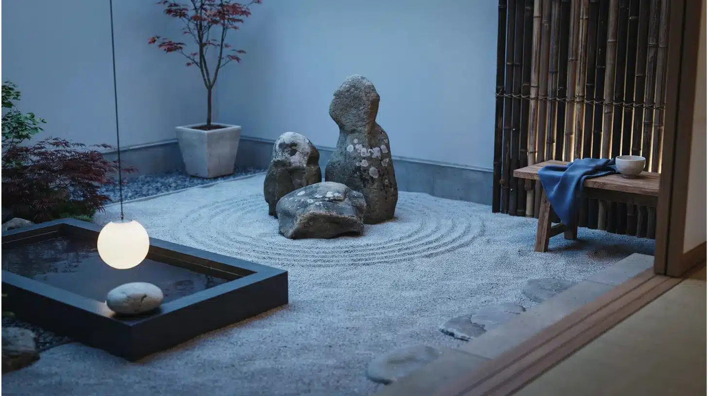 very small backyard Japandi design with stones, bamboo, and gravel