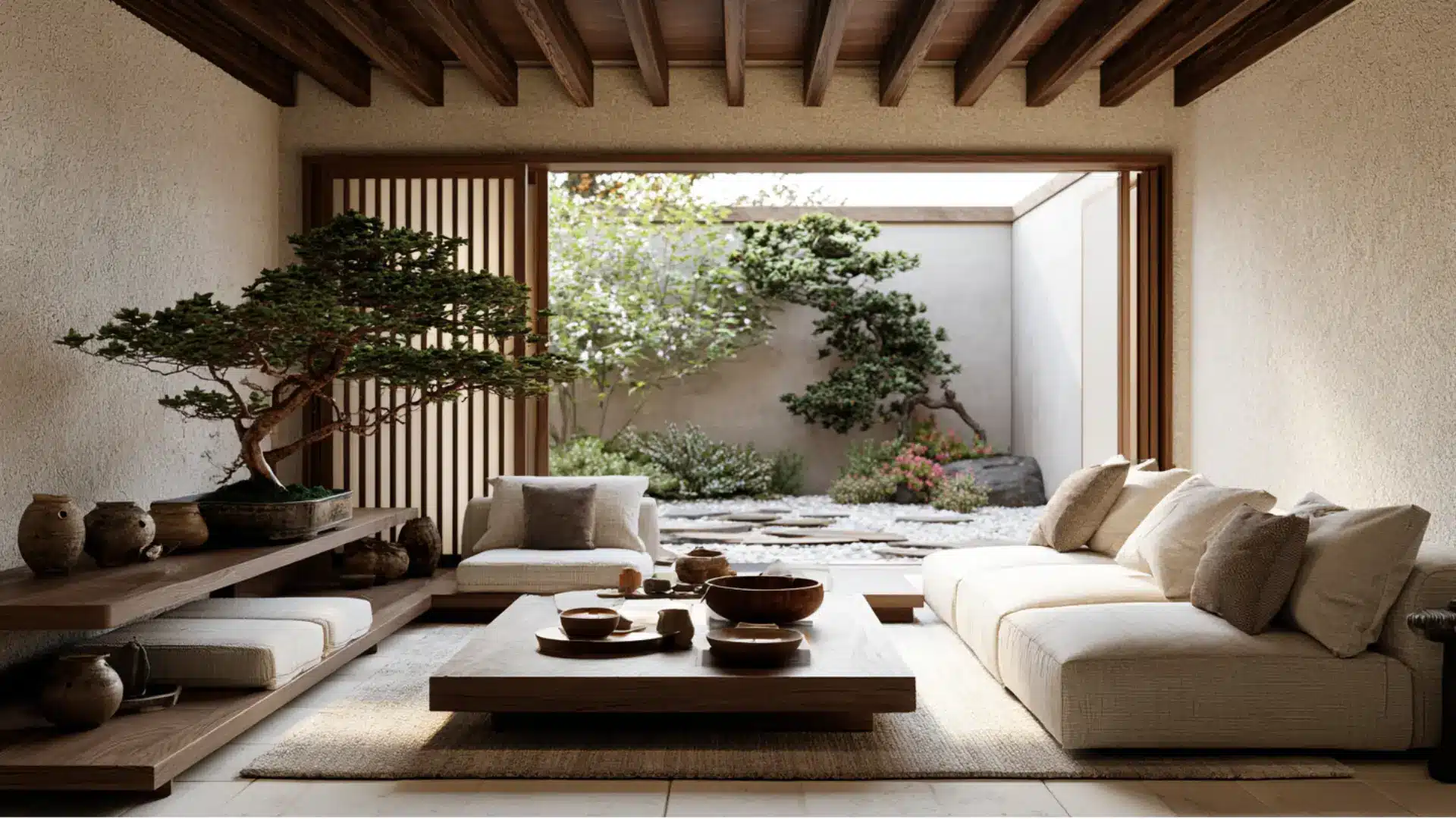 japandi living room with low wood coffee table, cream sectional sofa, bonsai tree, and ceramic bowls on shelf