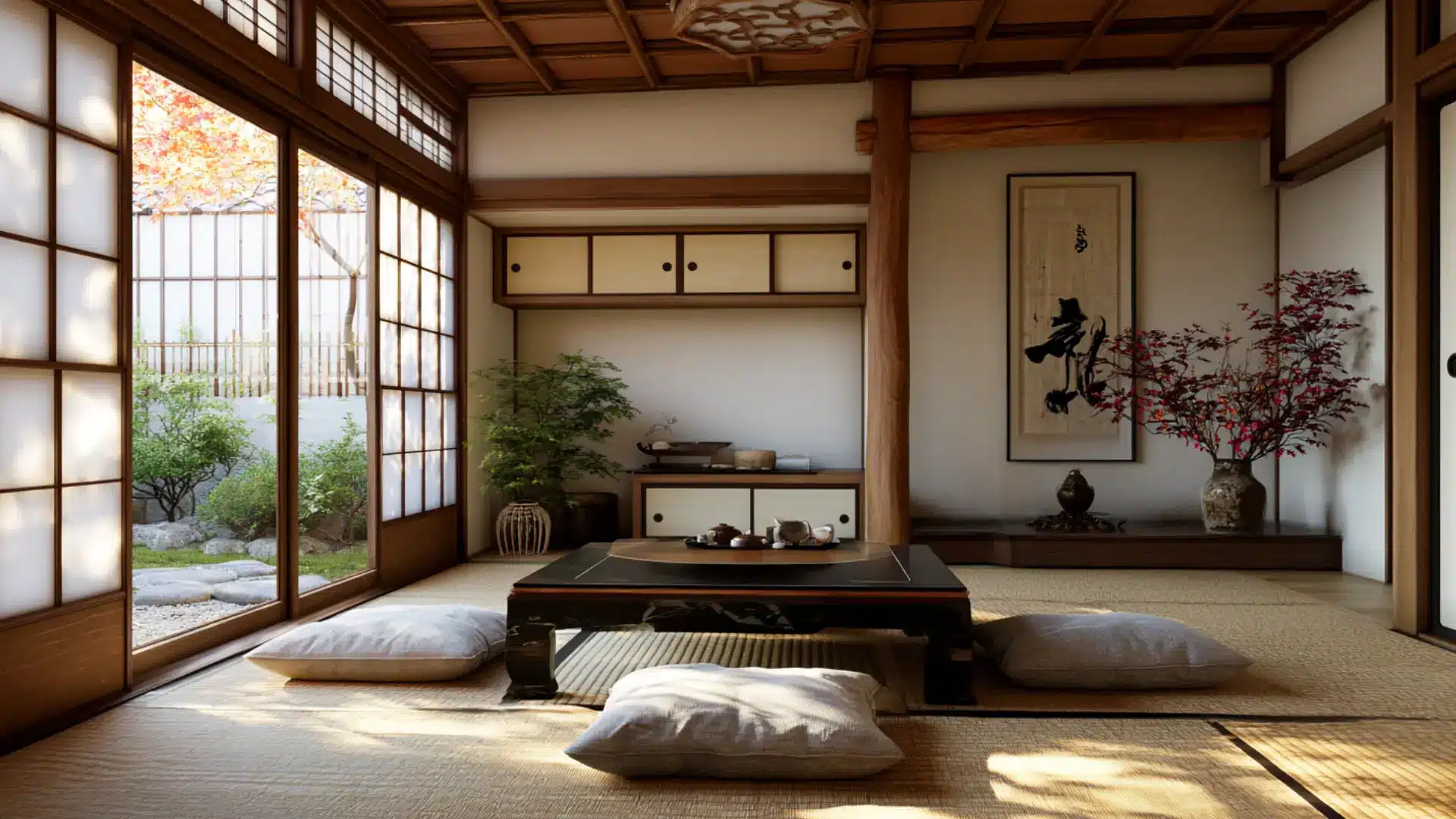 traditional japanese room with tatami floors low table floor cushions shoji screens and calligraphy scroll