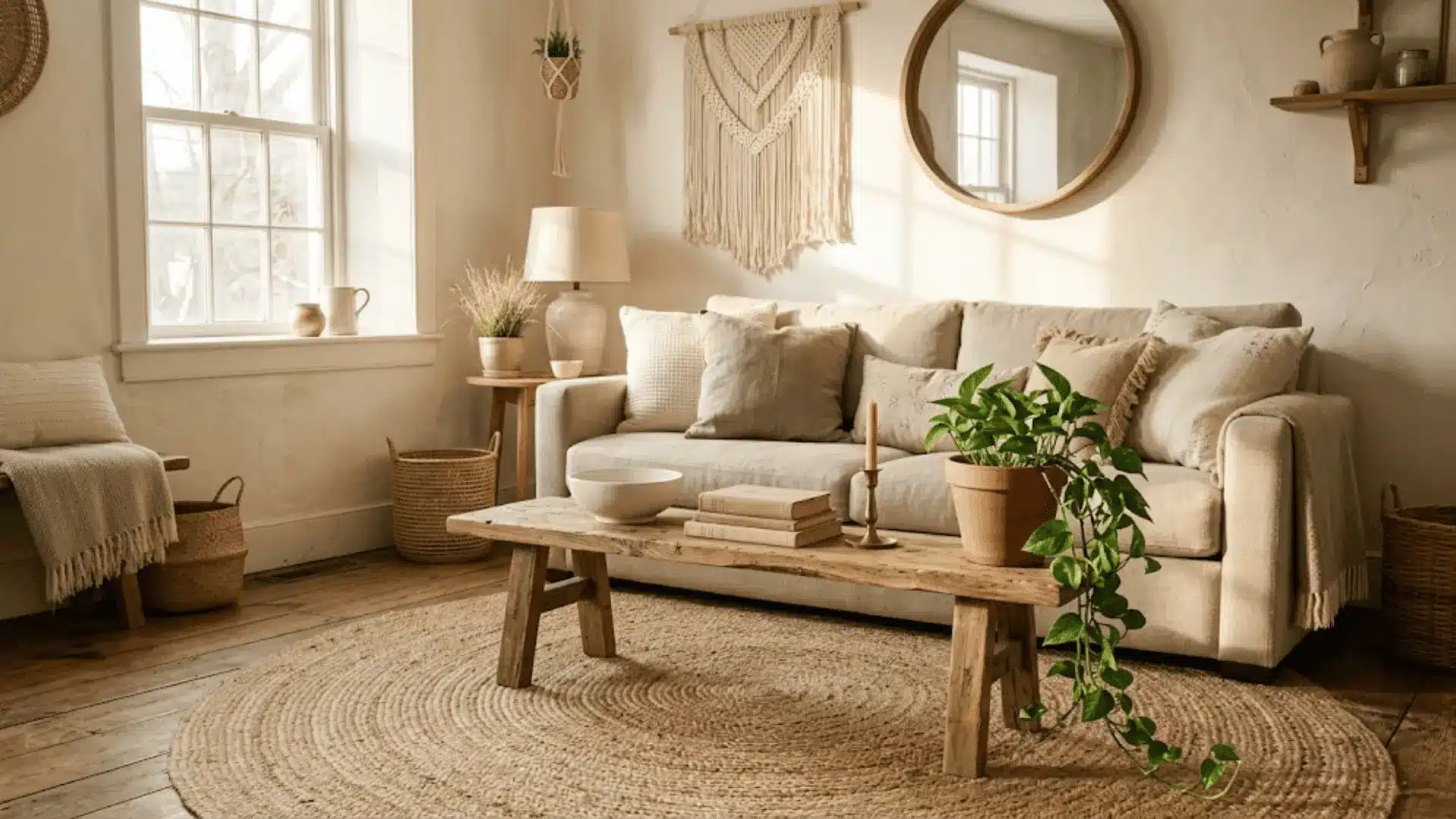 neutral boho living room with linen sofa, jute rug, limewash walls, and terracotta plant accent