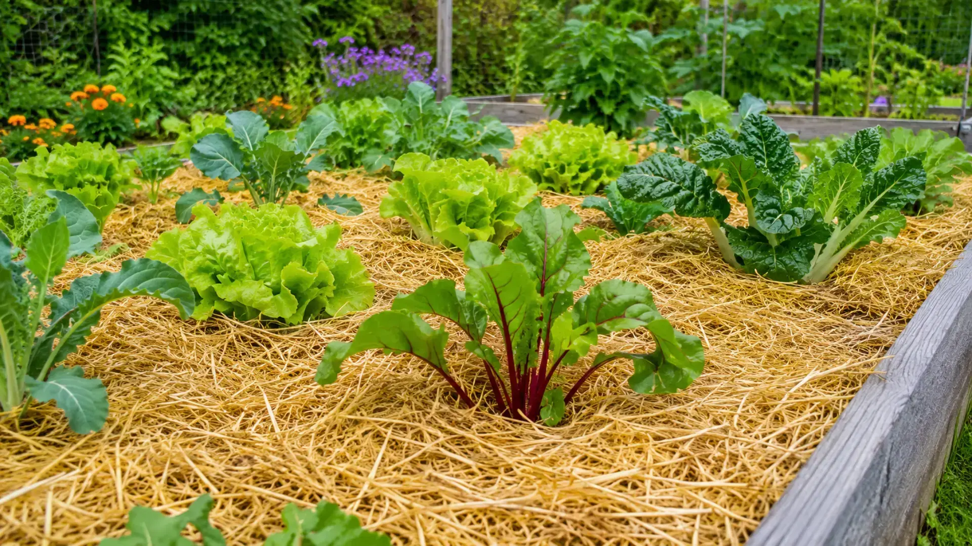 straw mulch covering a raised garden bed with beetroot, lettuce, and kale plants growing through it