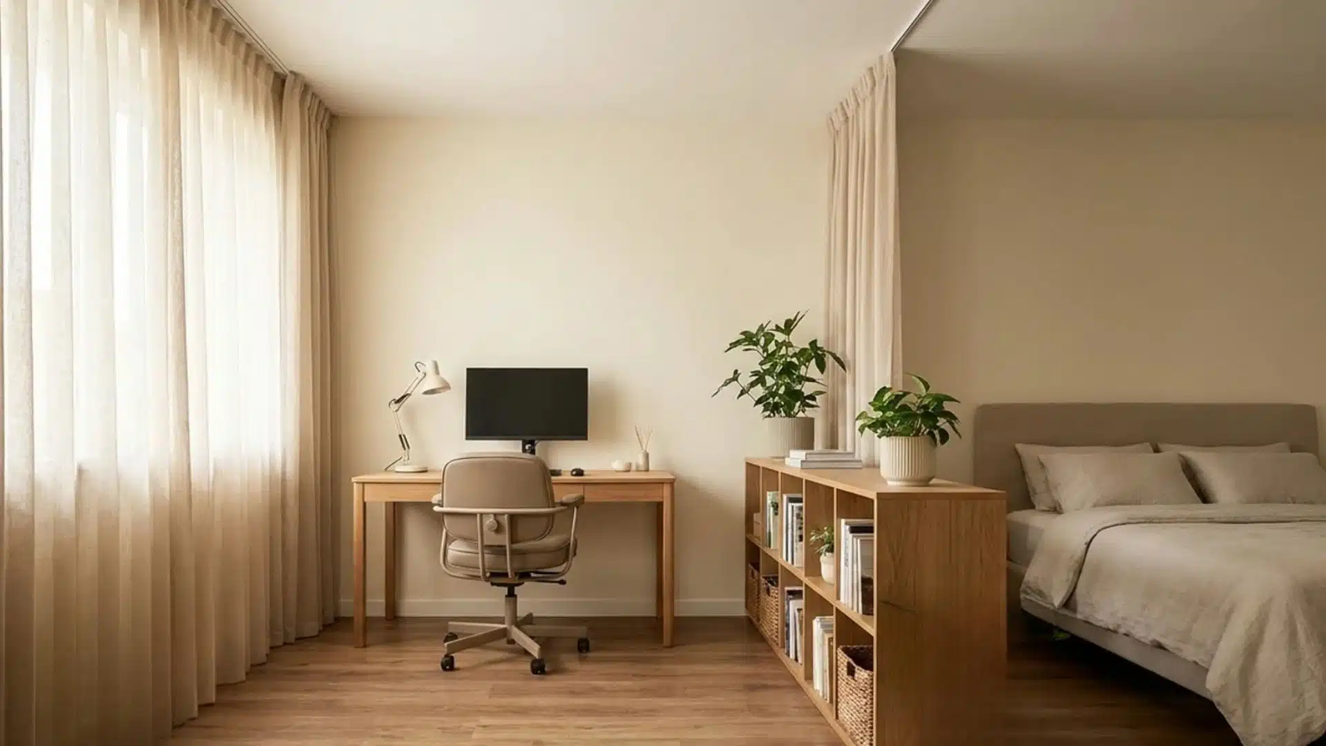 minimal shared bedroom and home office with wood desk, bookshelf divider, and plants in warm neutral tones