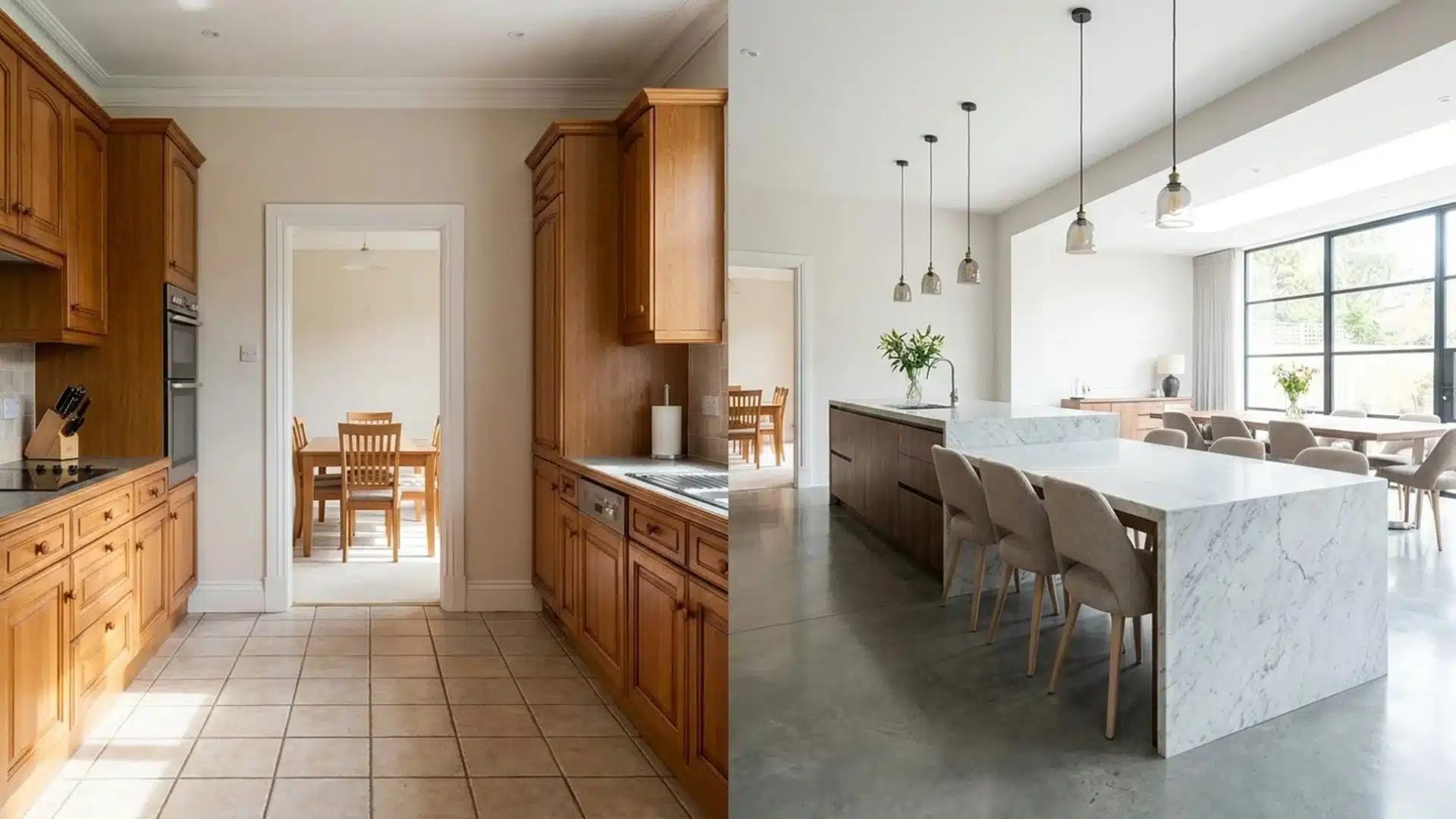 before and after wood kitchen joined to dining room as an open marble island with pendant lighting