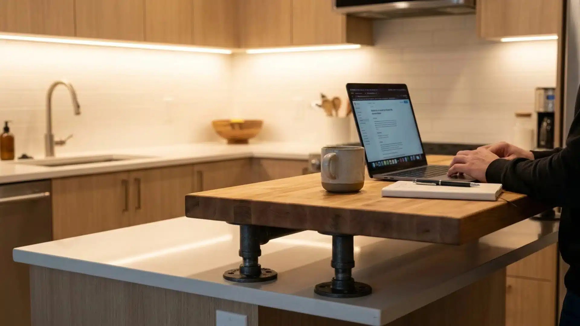 a man sits at a kitchen table working on his laptop surrounded by kitchen appliances and a window with natural light