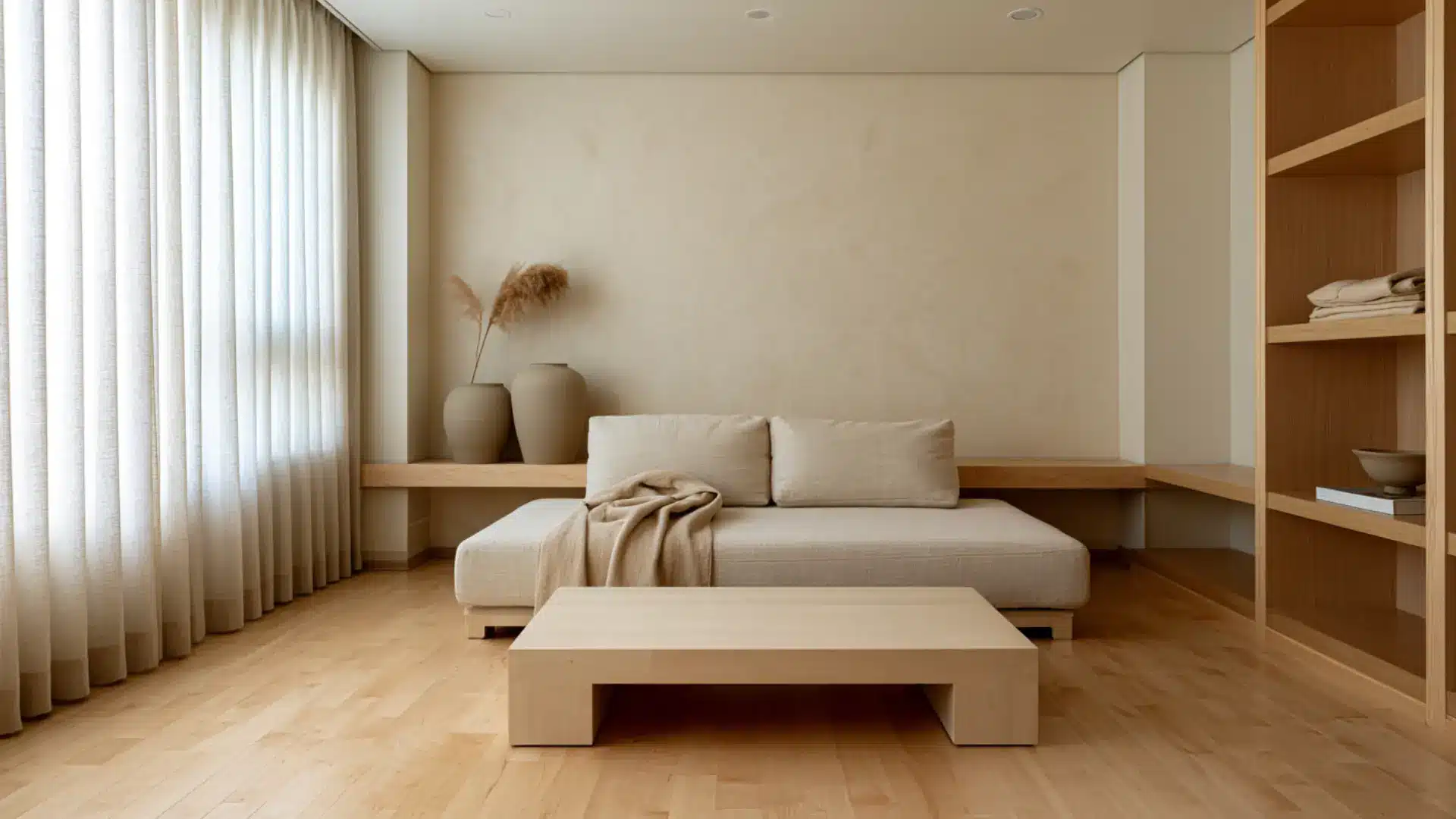 korean minimalist living room with low platform sofa neutral tones flat wood coffee table and pampas grass vases