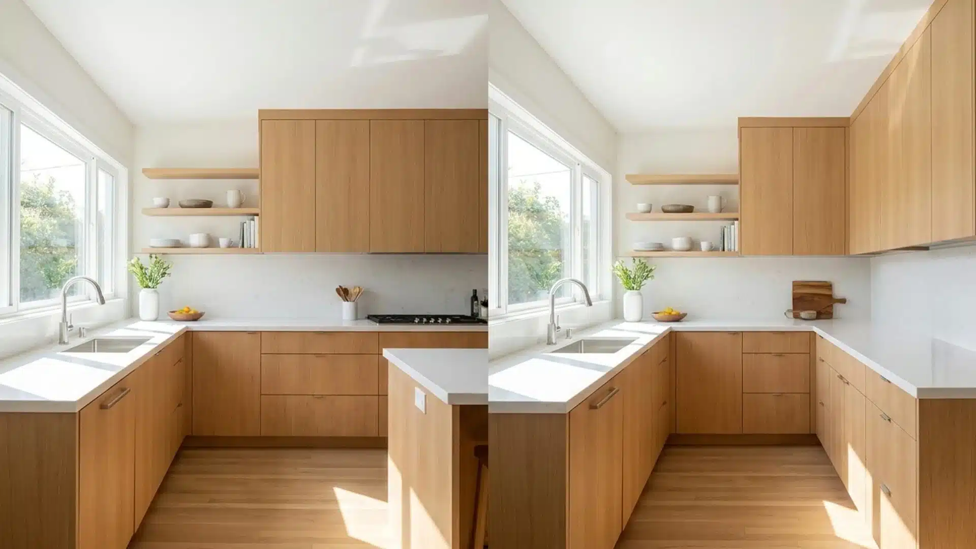 before and after wood kitchen showing an l shaped layout extended into a full u shaped counter run