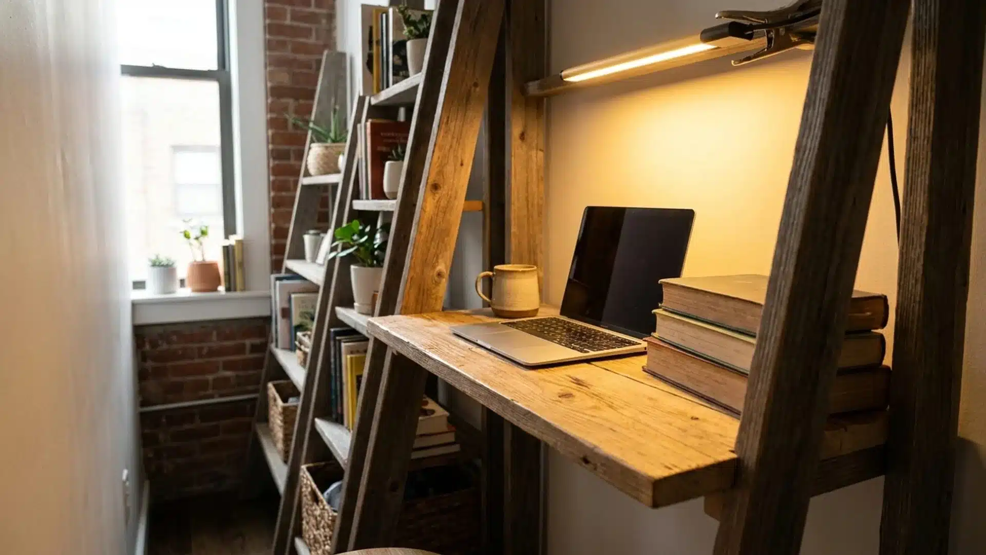 a laptop placed on a wooden ladder inside a room with soft lighting and minimal decor surrounding it