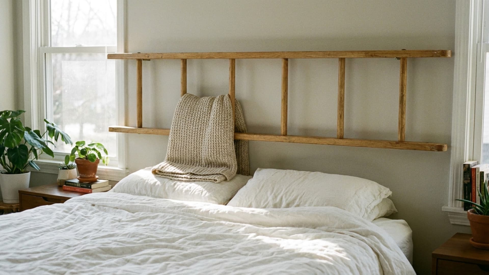 ladder style headboard leaned behind a bedroom bed