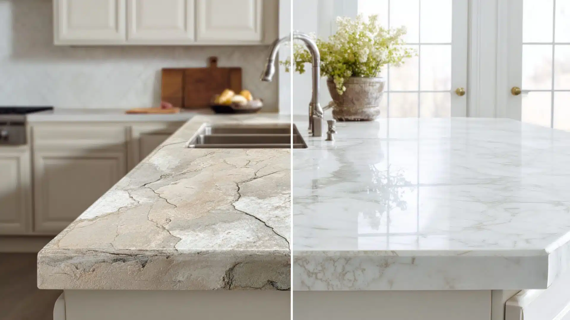 before and after kitchen island countertop swapped from cracked laminate to polished white quartz