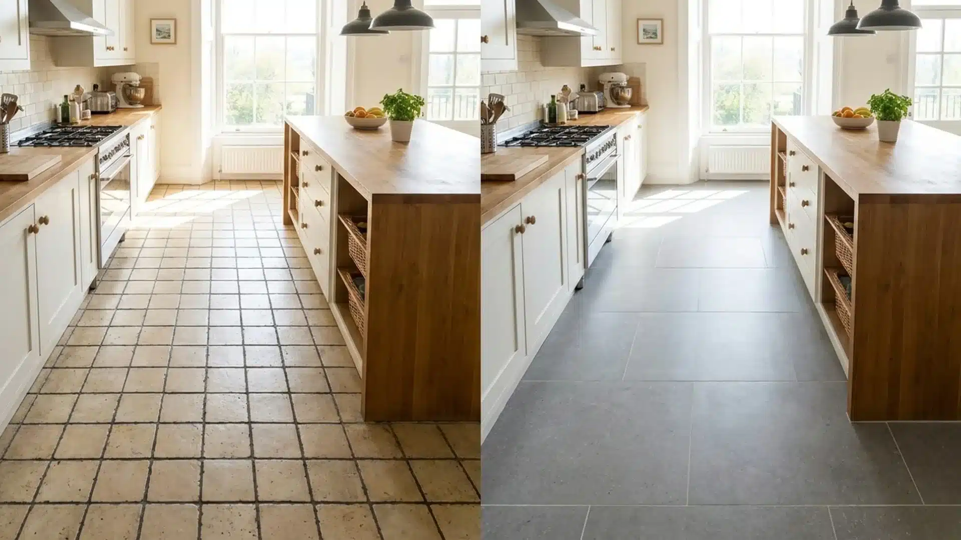 before and after kitchen showing small beige floor tiles replaced with large format gray stone tiles