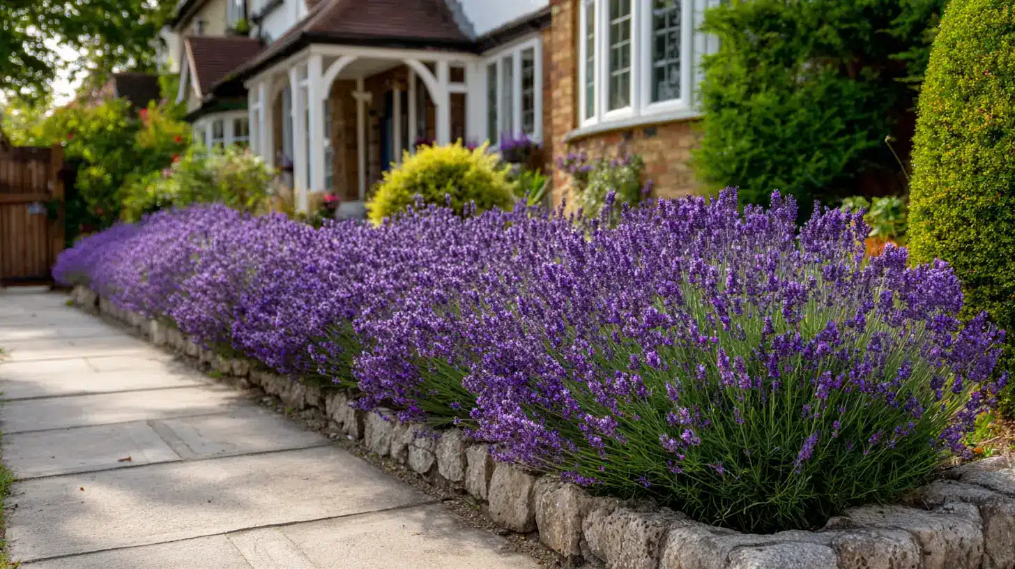 english lavender border in full bloom lining a clean stone front pathway