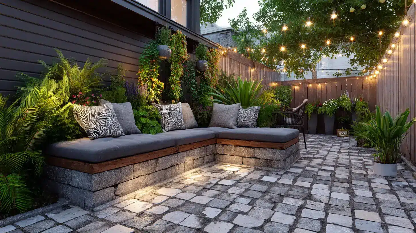 small backyard with paver patio built-in stone seating and string lights