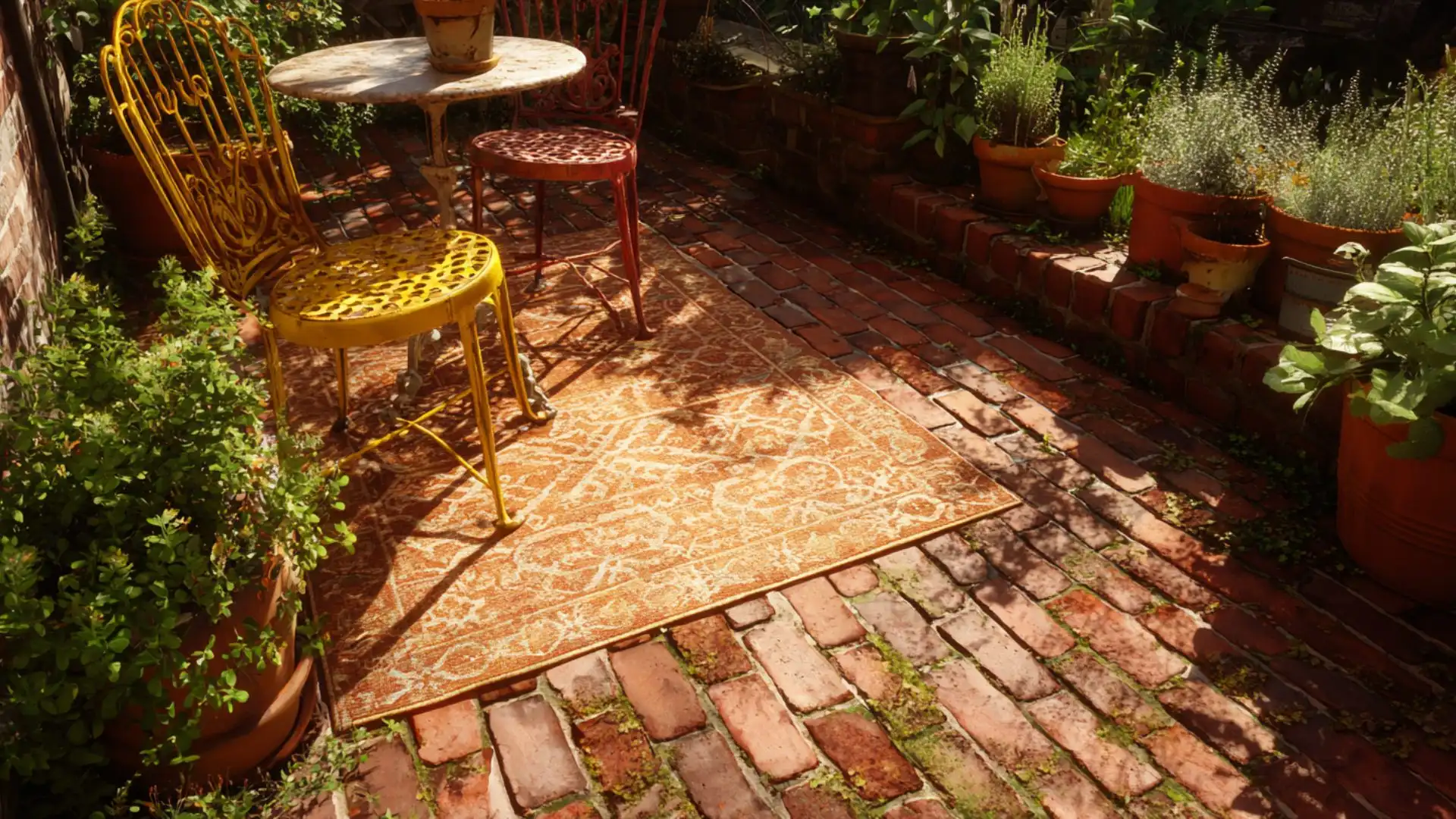 a brick patio featuring a table and chairs, with a decorative rug placed underneath the table.