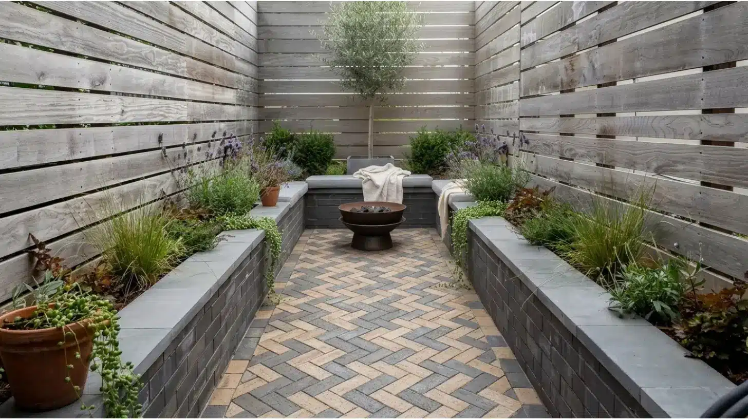 very small backyard with diagonal pavers, planters, and compact seating