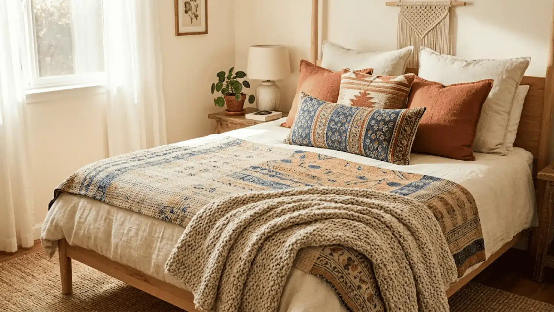 layered boho bedding with linen duvet, kantha quilt, chunky knit throw, and mixed textile cushions