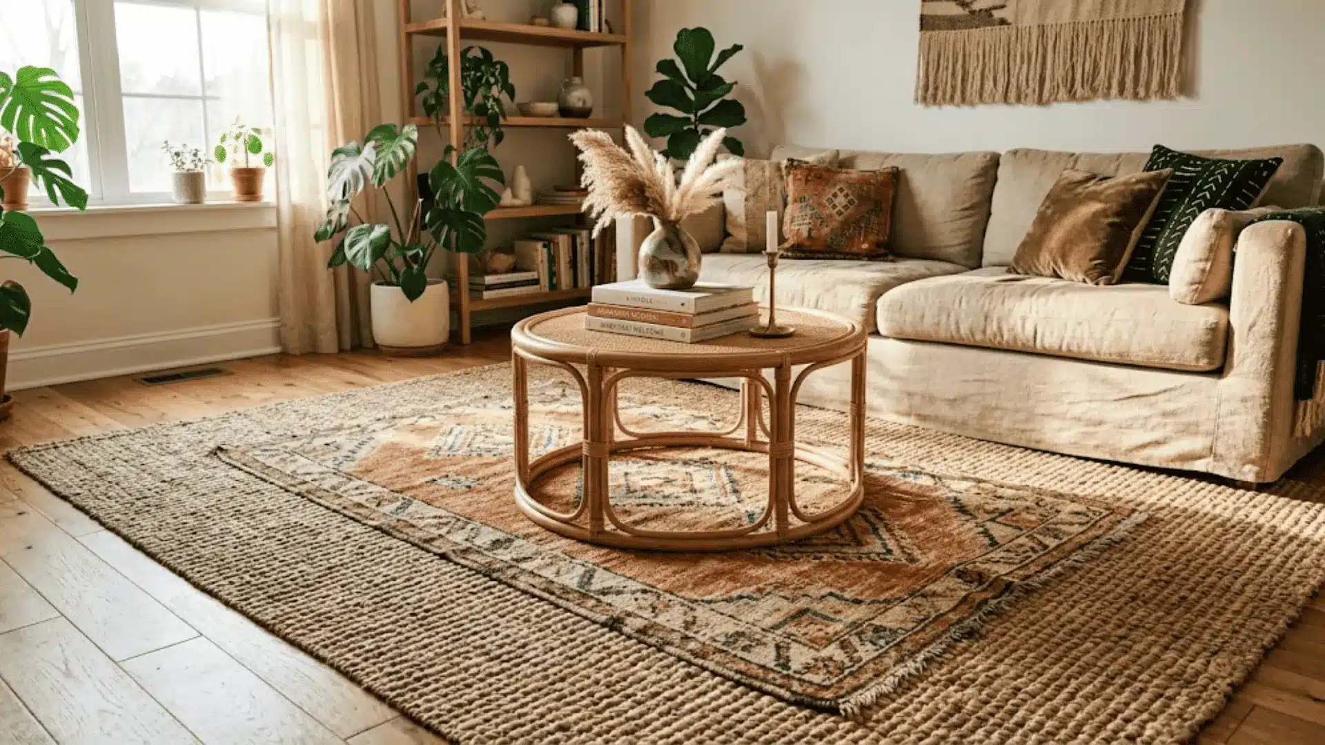 layered jute and moroccan rugs in a warm bohemian living room with natural afternoon light