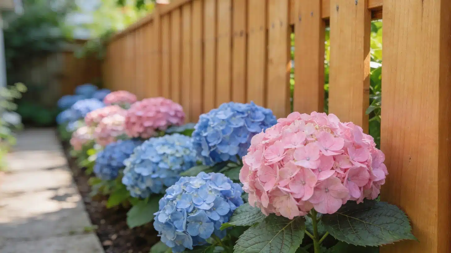 narrow backyard border with layered plant heights along a wooden fence for natural privacy