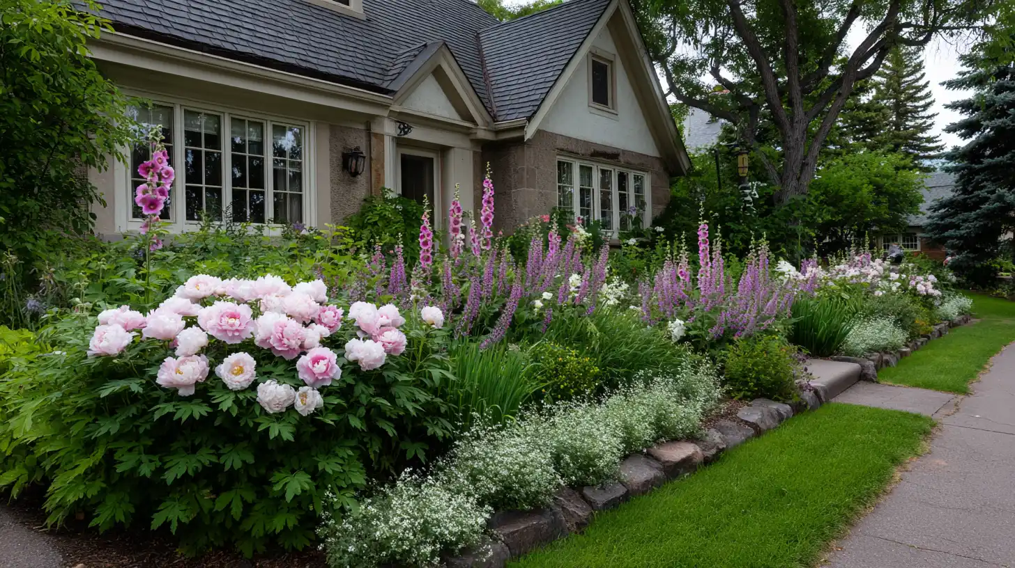 layered perennial border with hollyhocks peonies and alyssum along a traditional home facade