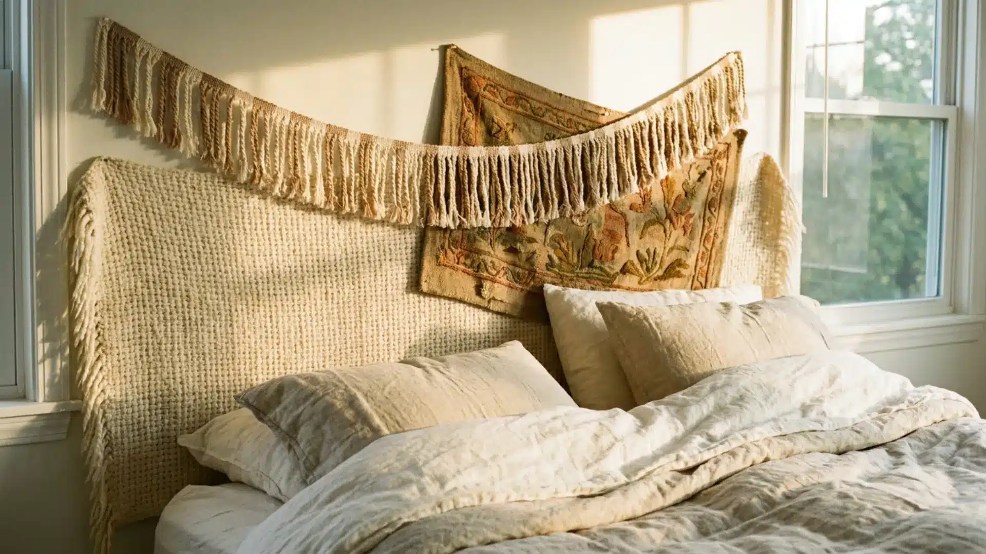 layered textile headboard with mixed fabrics behind a bed