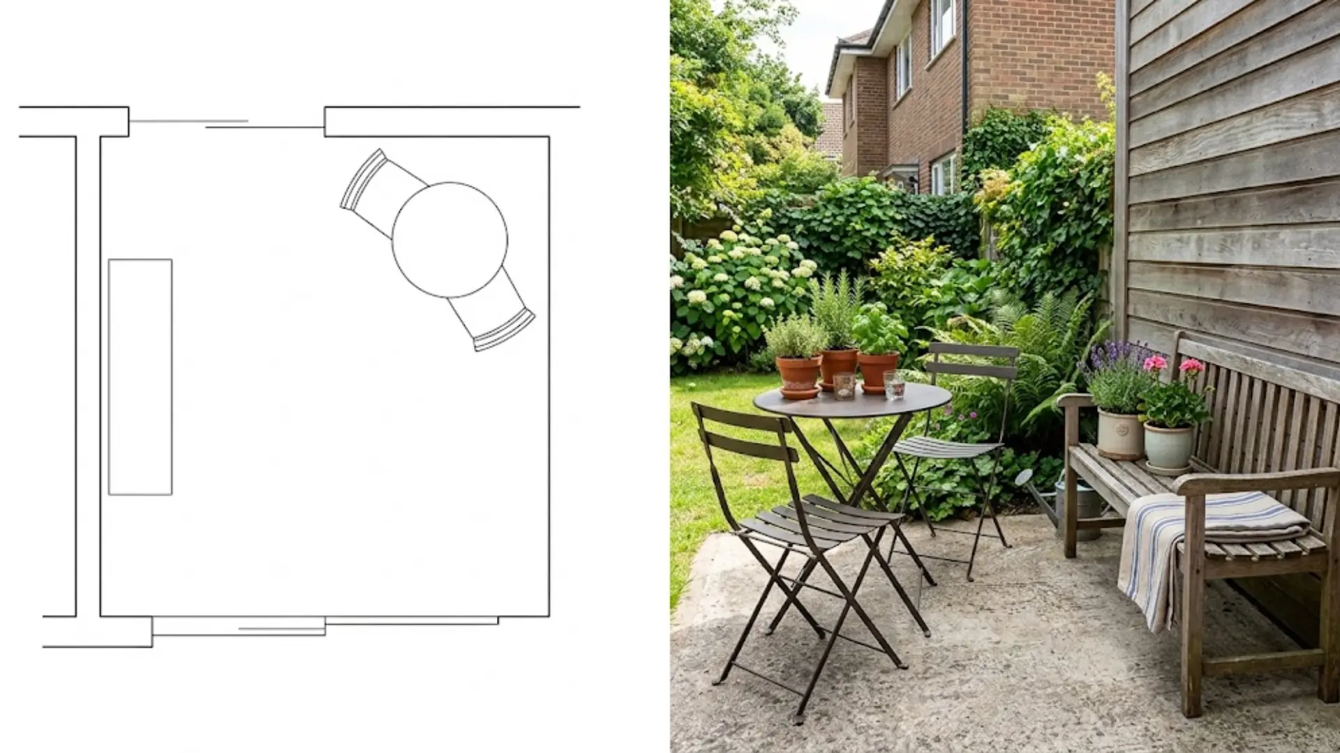 floor plan diagram and photo of small patio with bistro table and corner bench