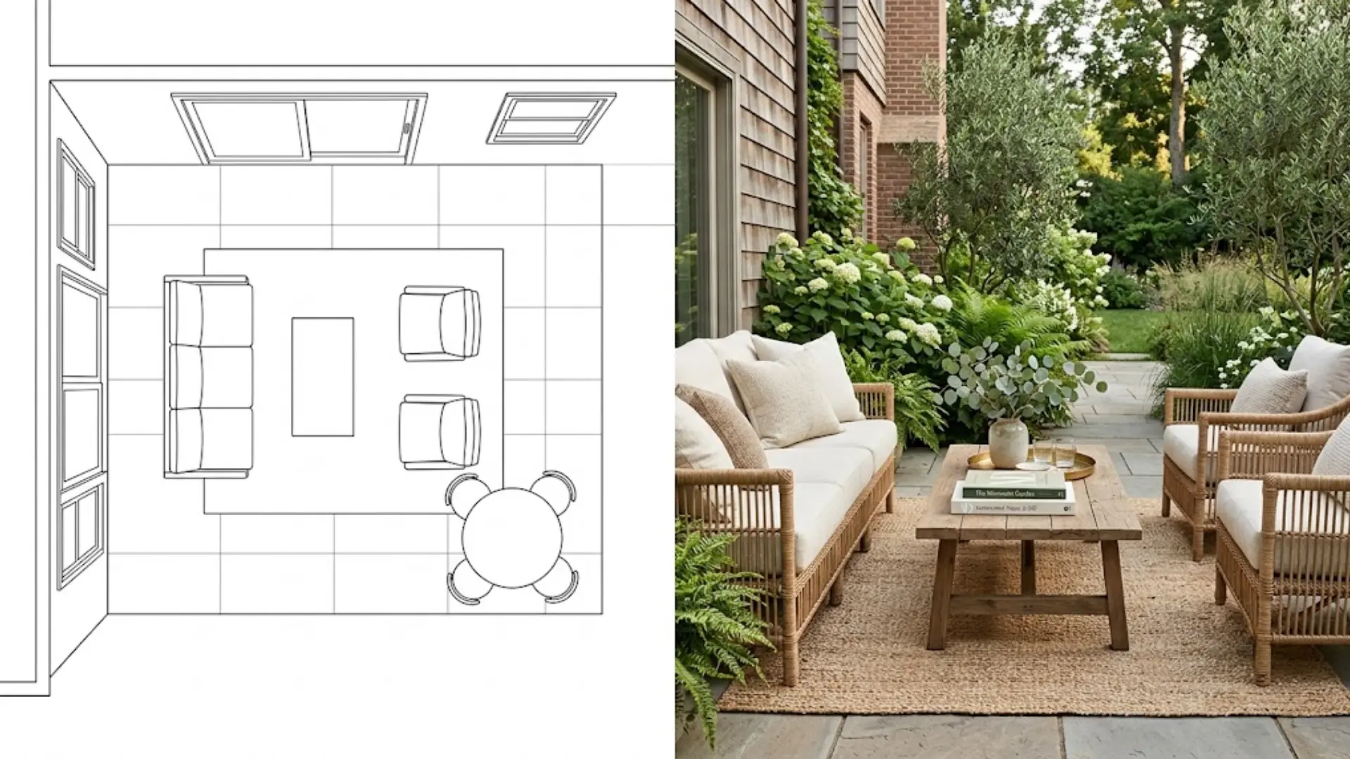 floor plan diagram and photo of medium patio with sofa seating and dining corner