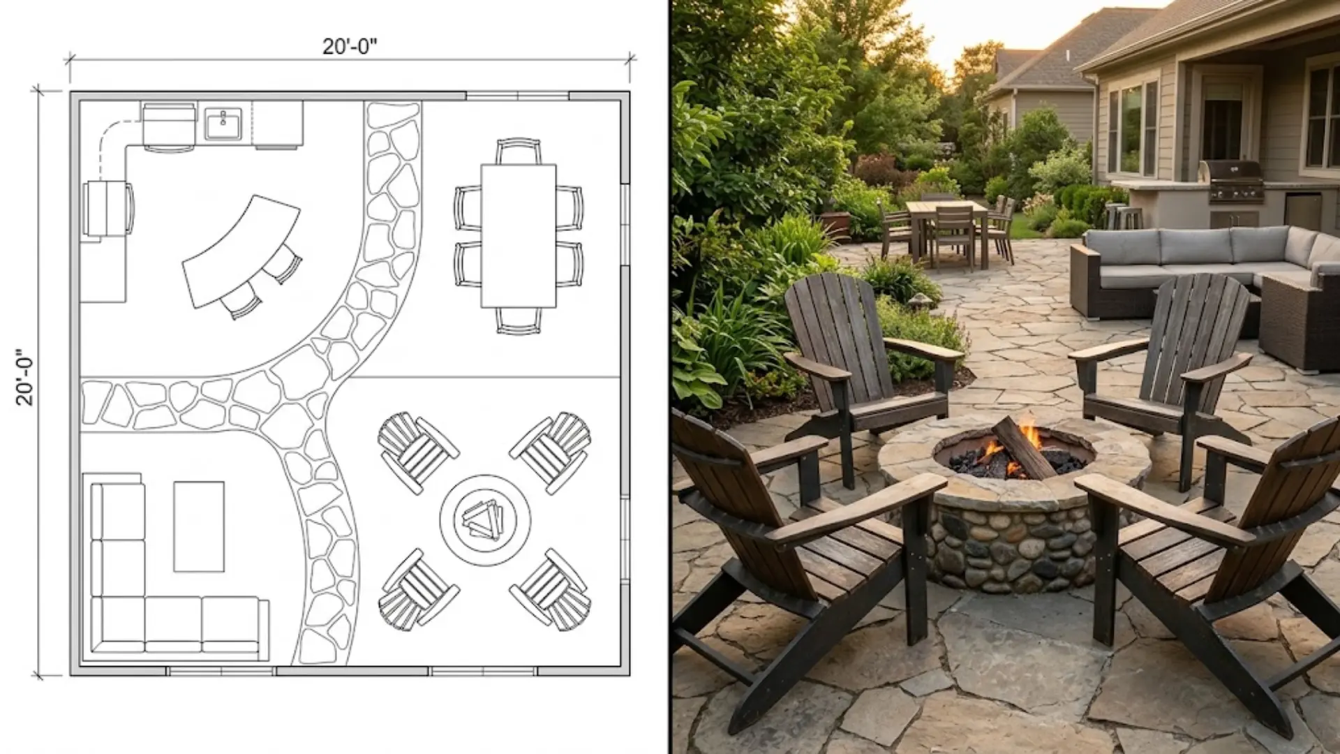 floor plan diagram and photo of large patio with kitchen, fire pit, dining and lounge zones