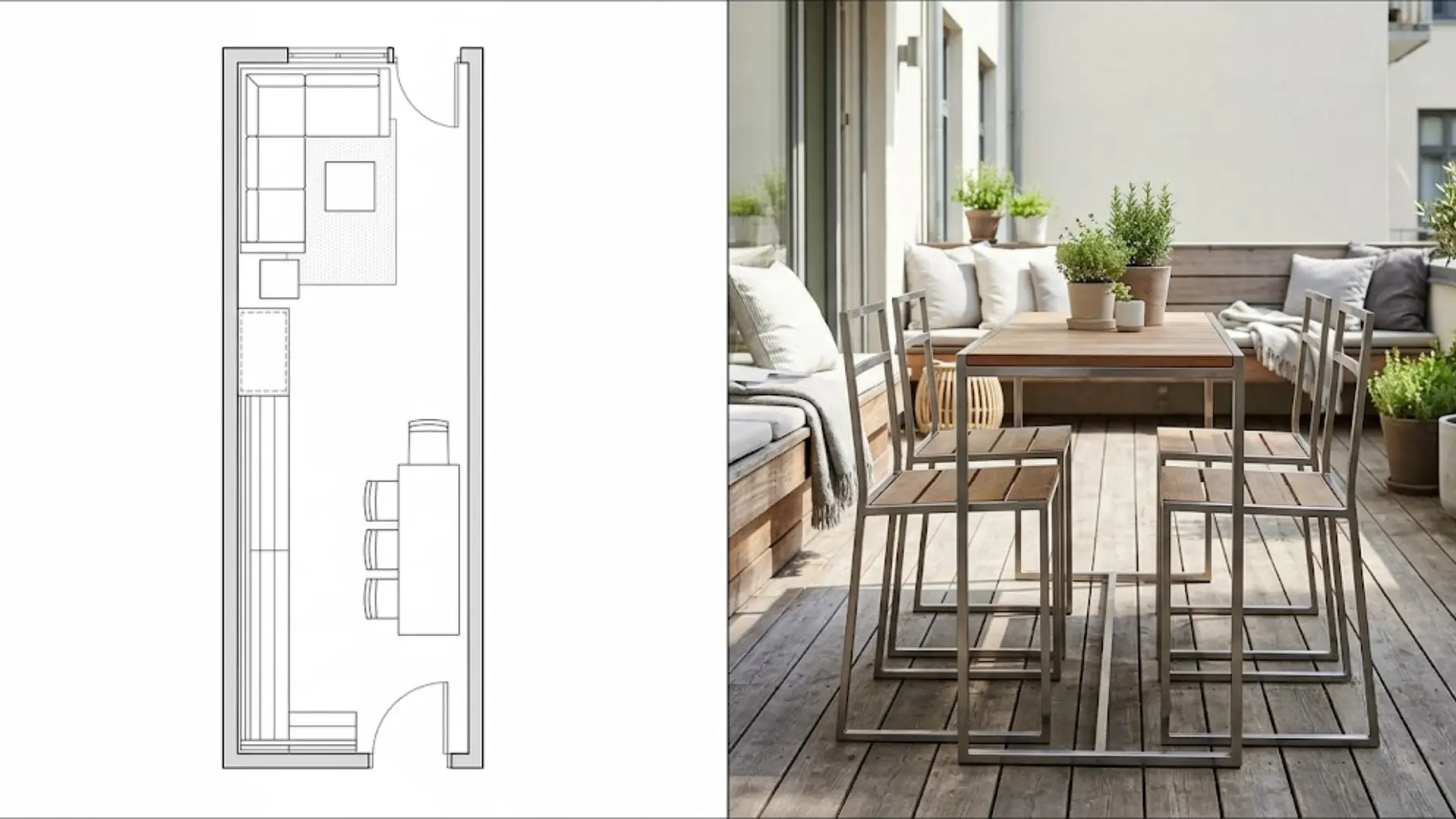 overhead and eye level view of long narrow patio with linear bench seating and dining zone