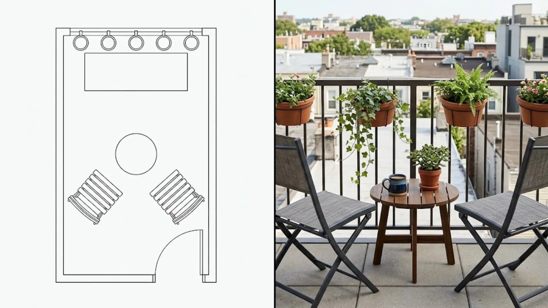 overhead and eye level view of balcony with storage bench, folding chairs and planters
