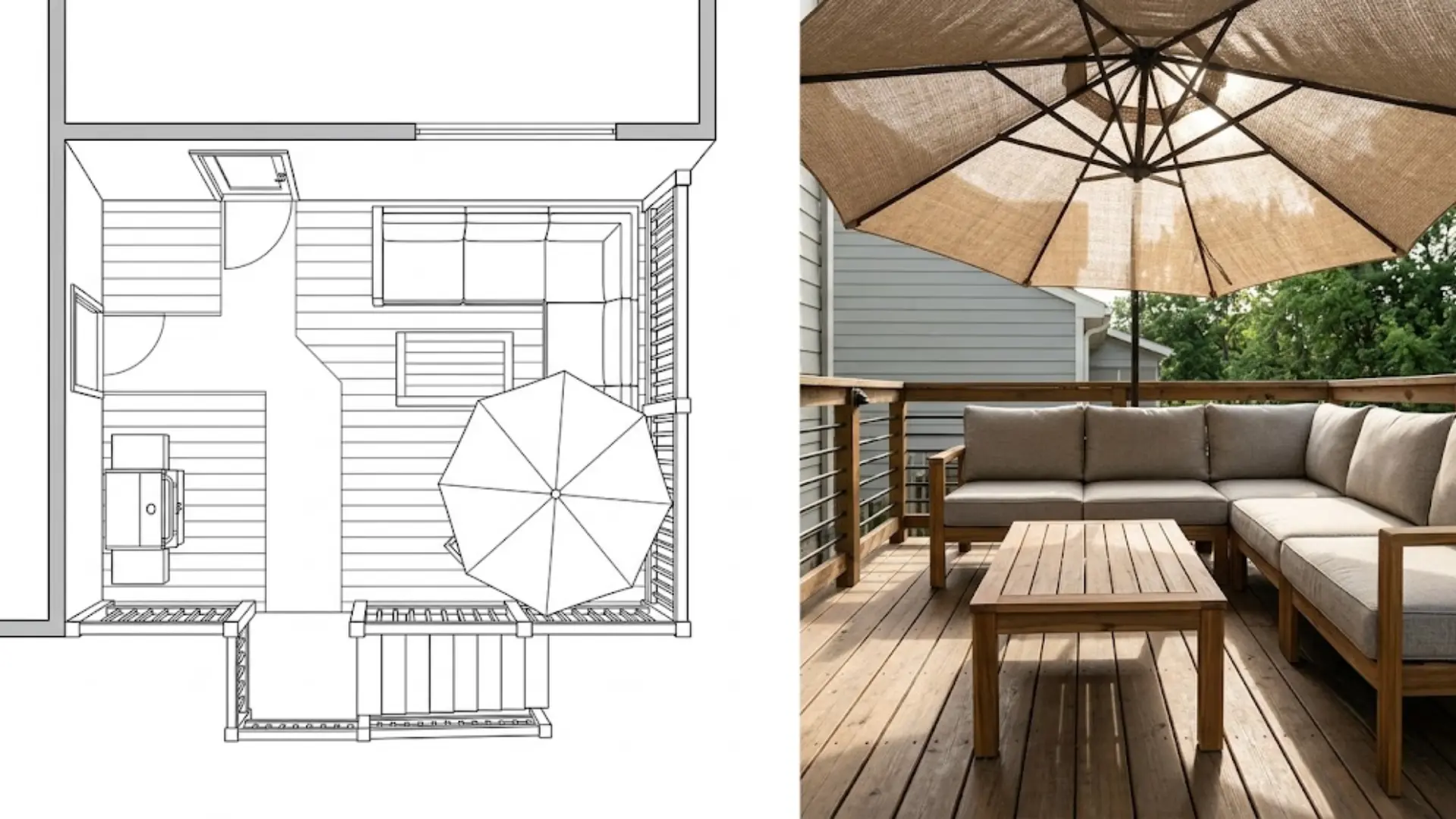 overhead and eye level view of deck with sectional, umbrella shade and grill placement