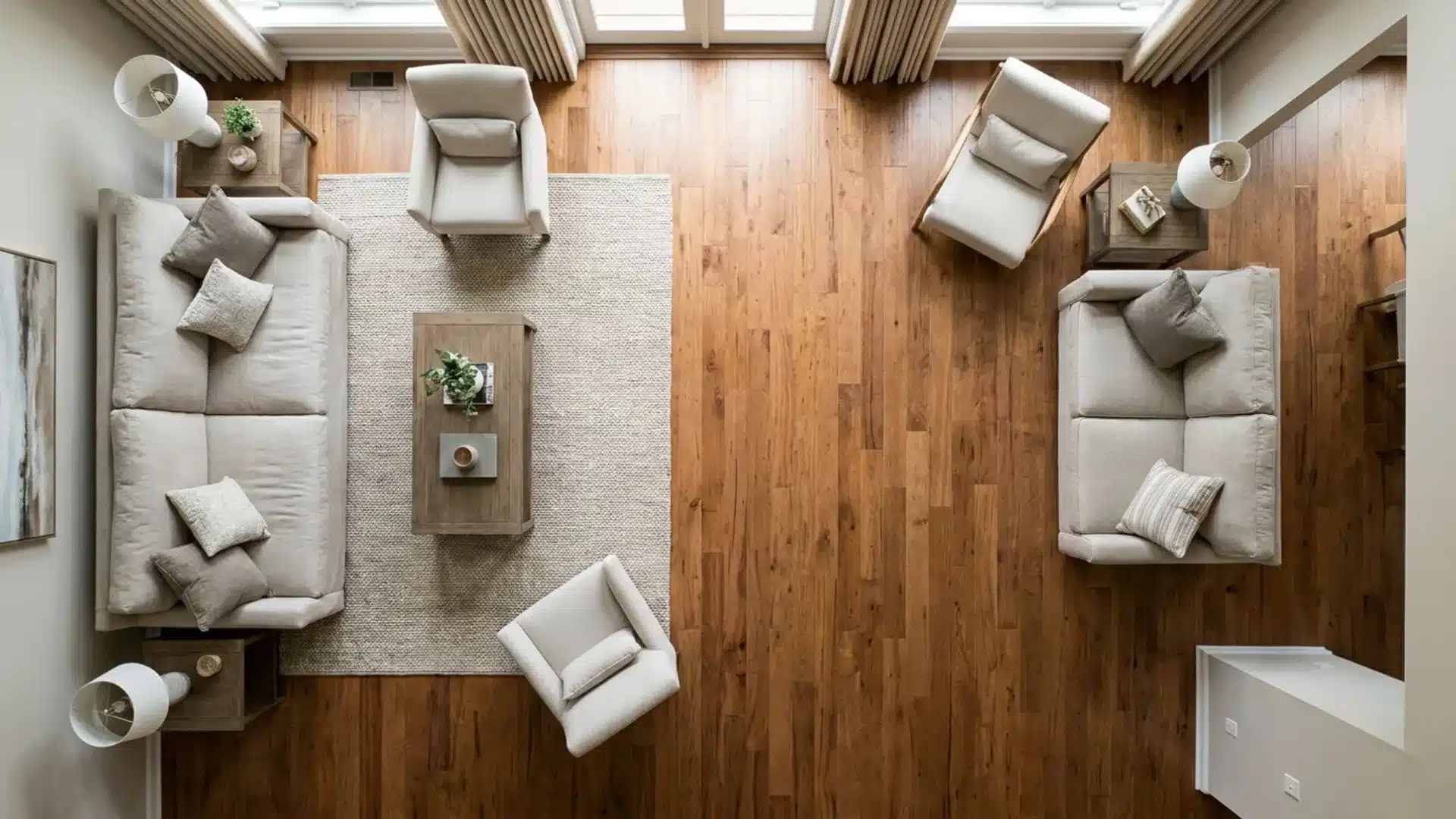 top view of spacious living room with facing sofas, armchairs, central rug, and open walkway between seating