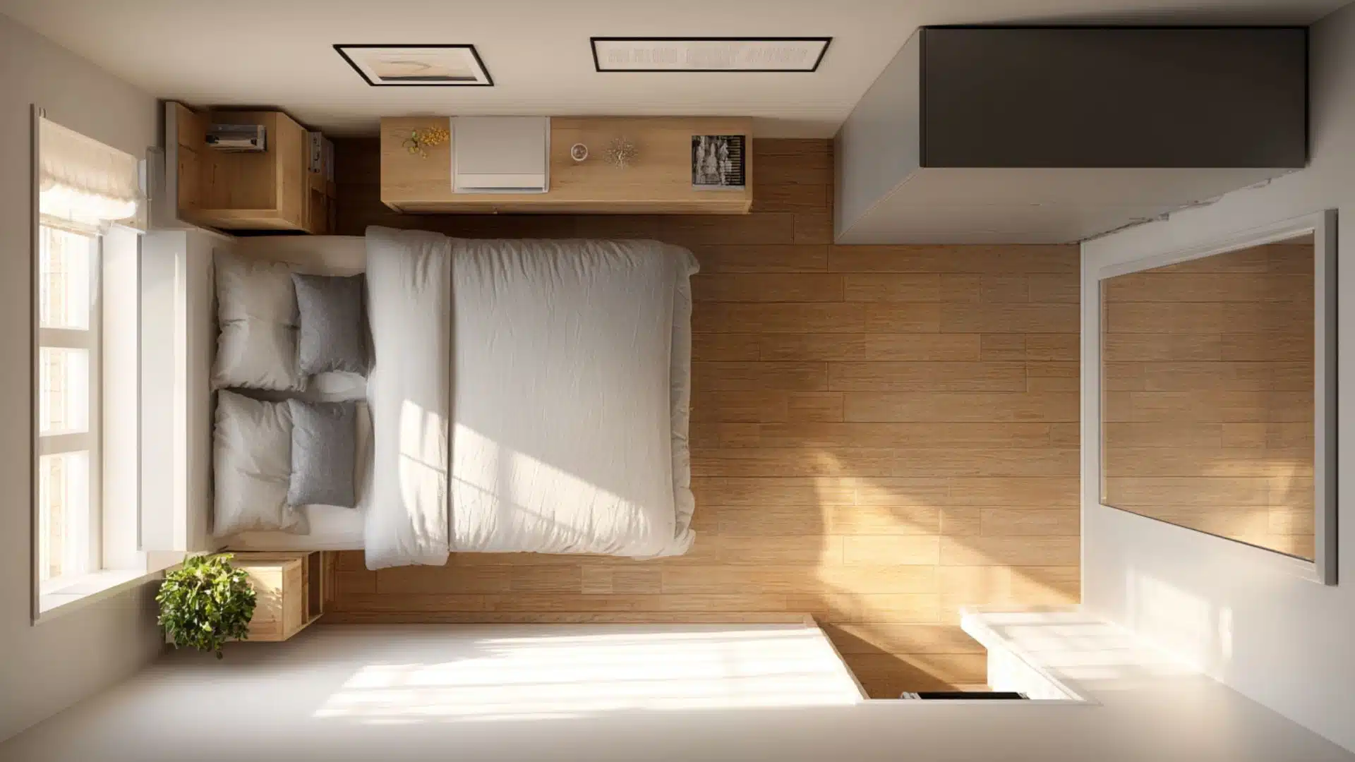 top view of small bedroom with bed placement, storage furniture, natural light, and clear floor space around it