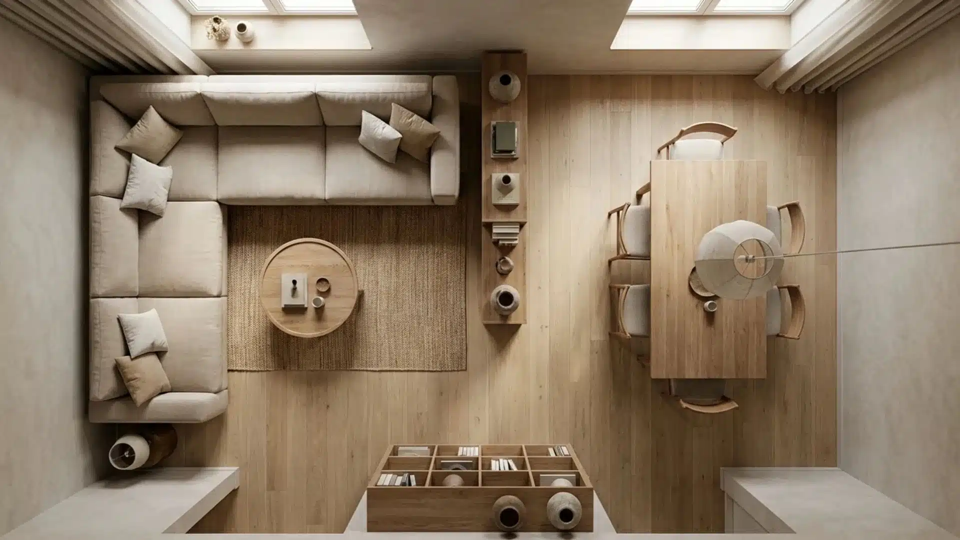 top view of living and dining space with sectional sofa, dining table, and shelving divider between zones